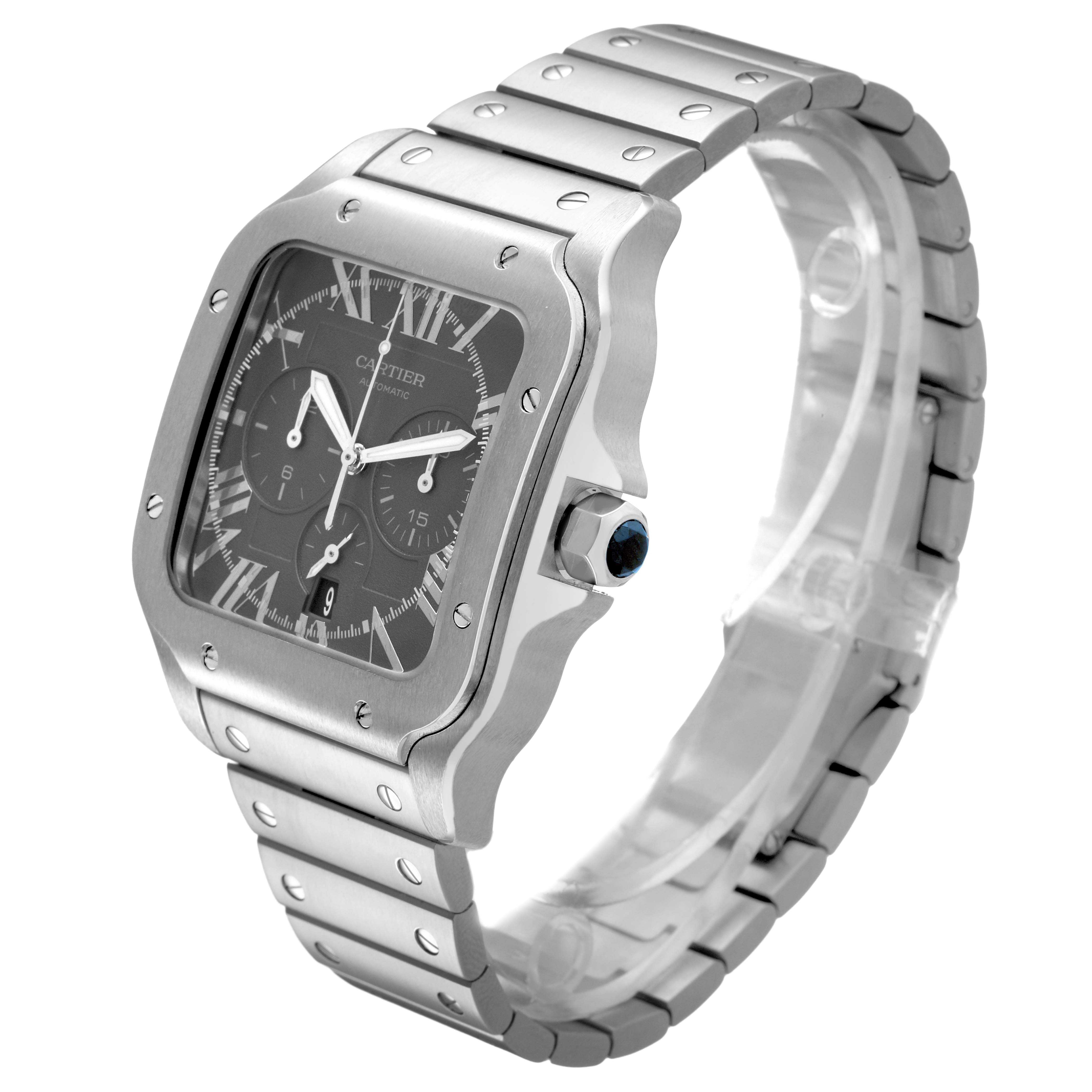 The Cartier Santos WSSA0078 Men's Stainless Steel Grey Dial watch is shown at a three-quarter angle, displaying the face, bezel, crown, and bracelet.