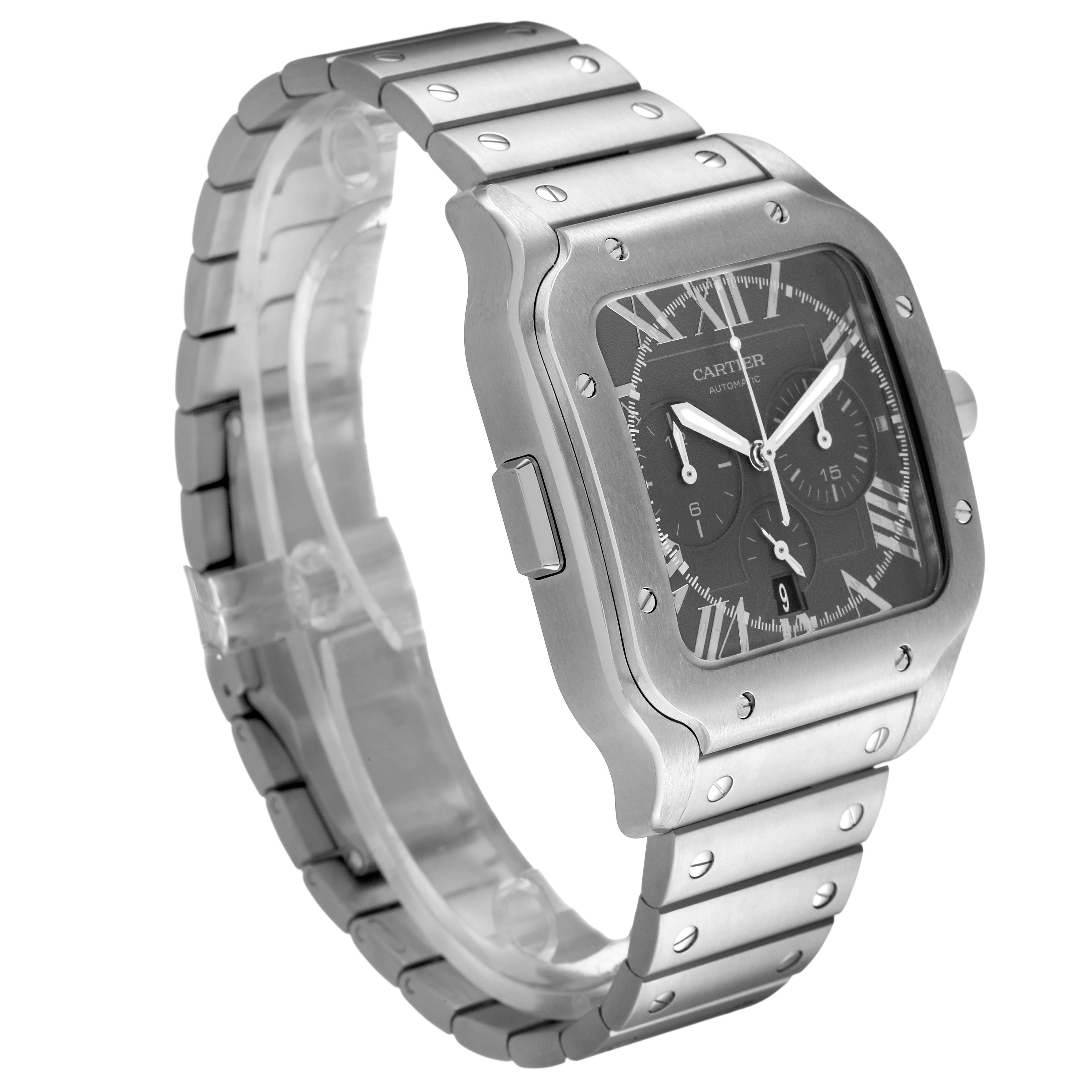 The image shows a Santos de Cartier watch at a three-quarter angle, displaying its face, metal bracelet, and side buttons.