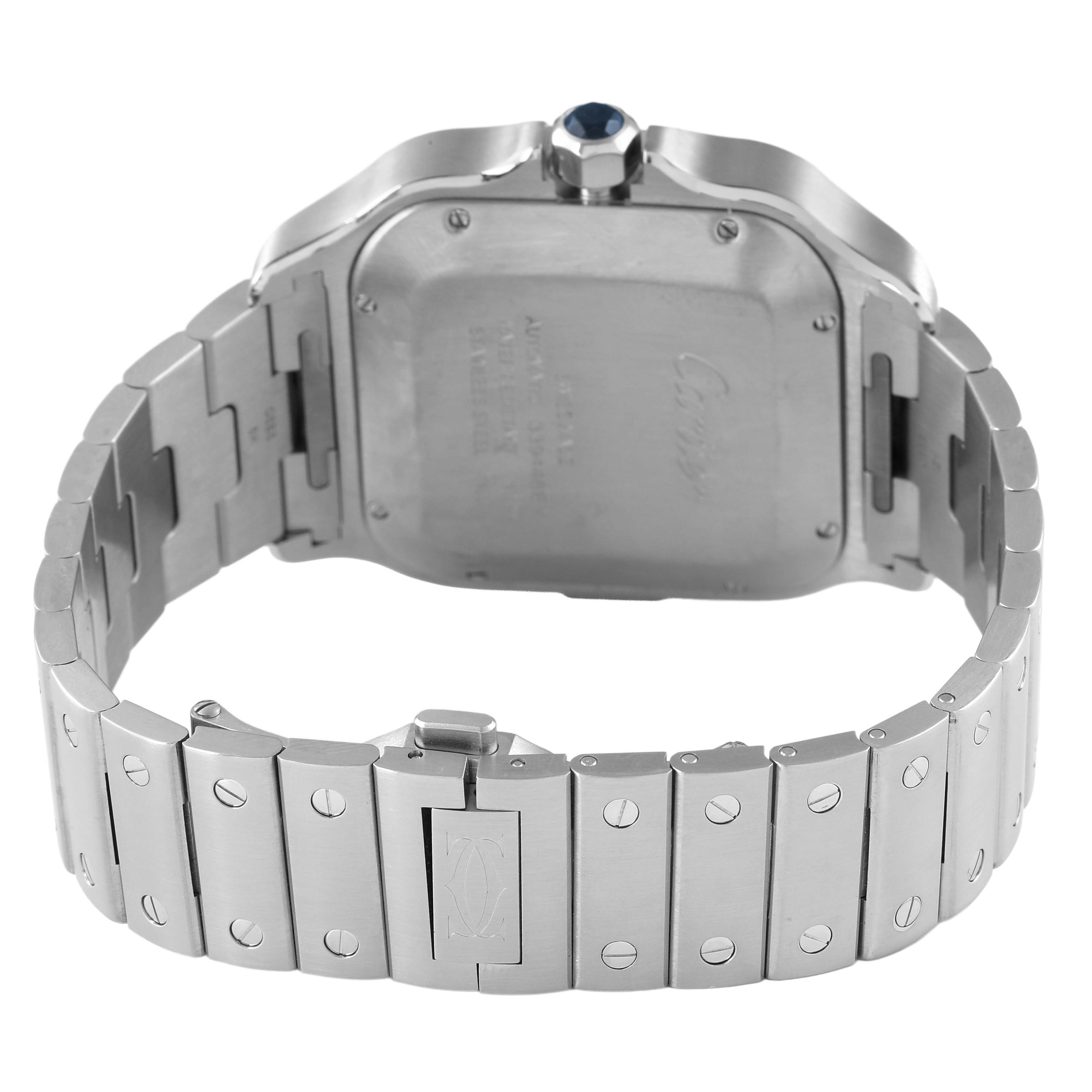 The image shows the back case and metal bracelet of a Cartier Santos WSSA0078 Men's Stainless Steel Grey Dial watch at an angle highlighting the clasp and screws.