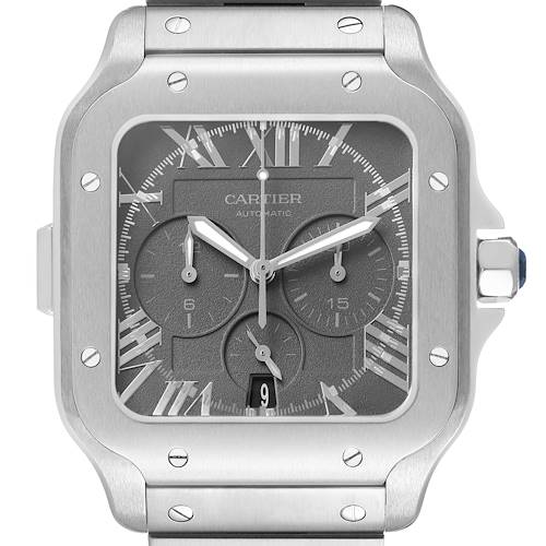 The Cartier Santos WSSA0078 Men's Stainless Steel Grey Dial model watch is shown from a front angle, highlighting its dial, chronograph subdials, and bezel with screws.