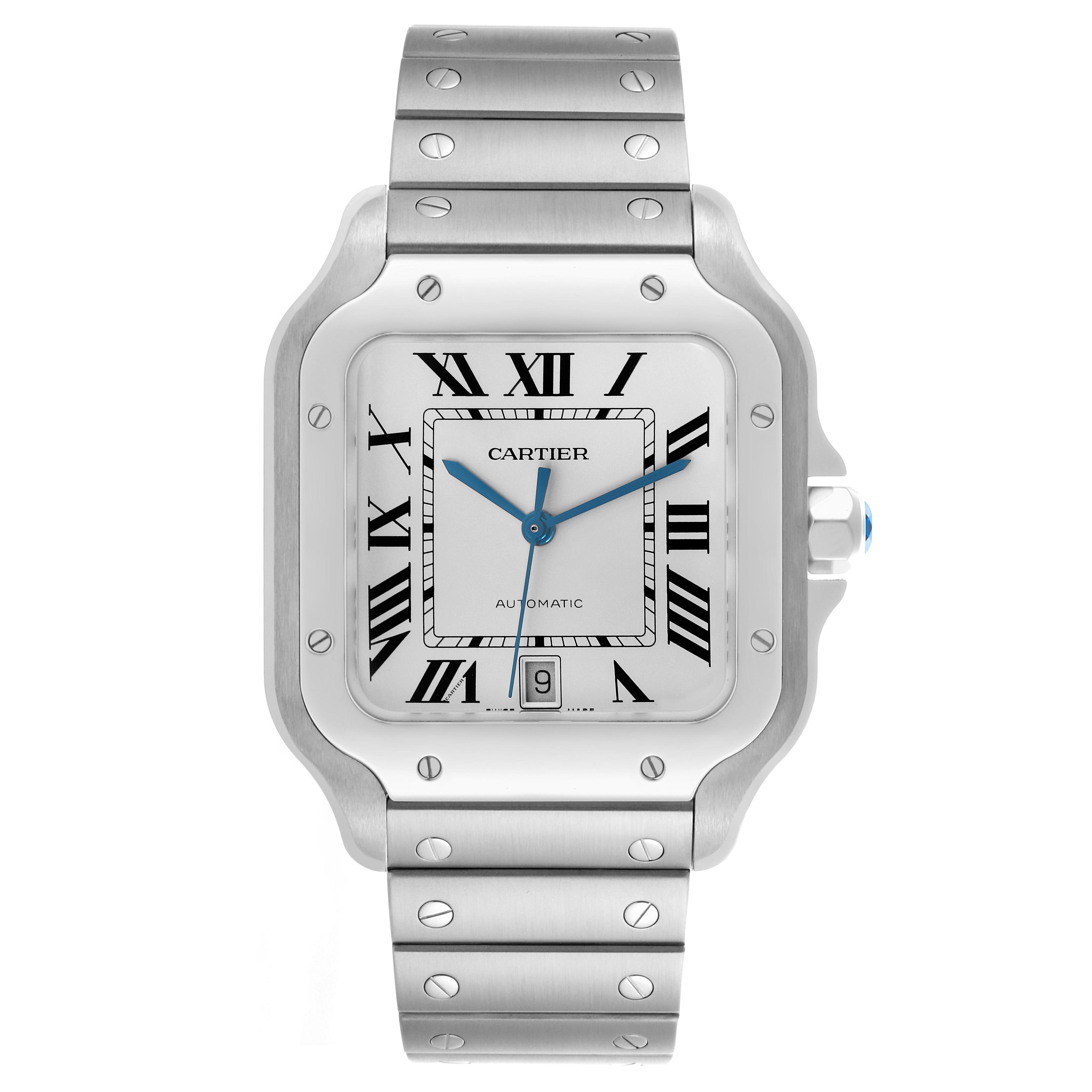 The Cartier Santos WSSA0018 Men's Stainless Steel Silver Dial WSSA0018 Men's Stainless Steel Silver Dial watch is shown from a front angle, highlighting its face, bezel, and bracelet.