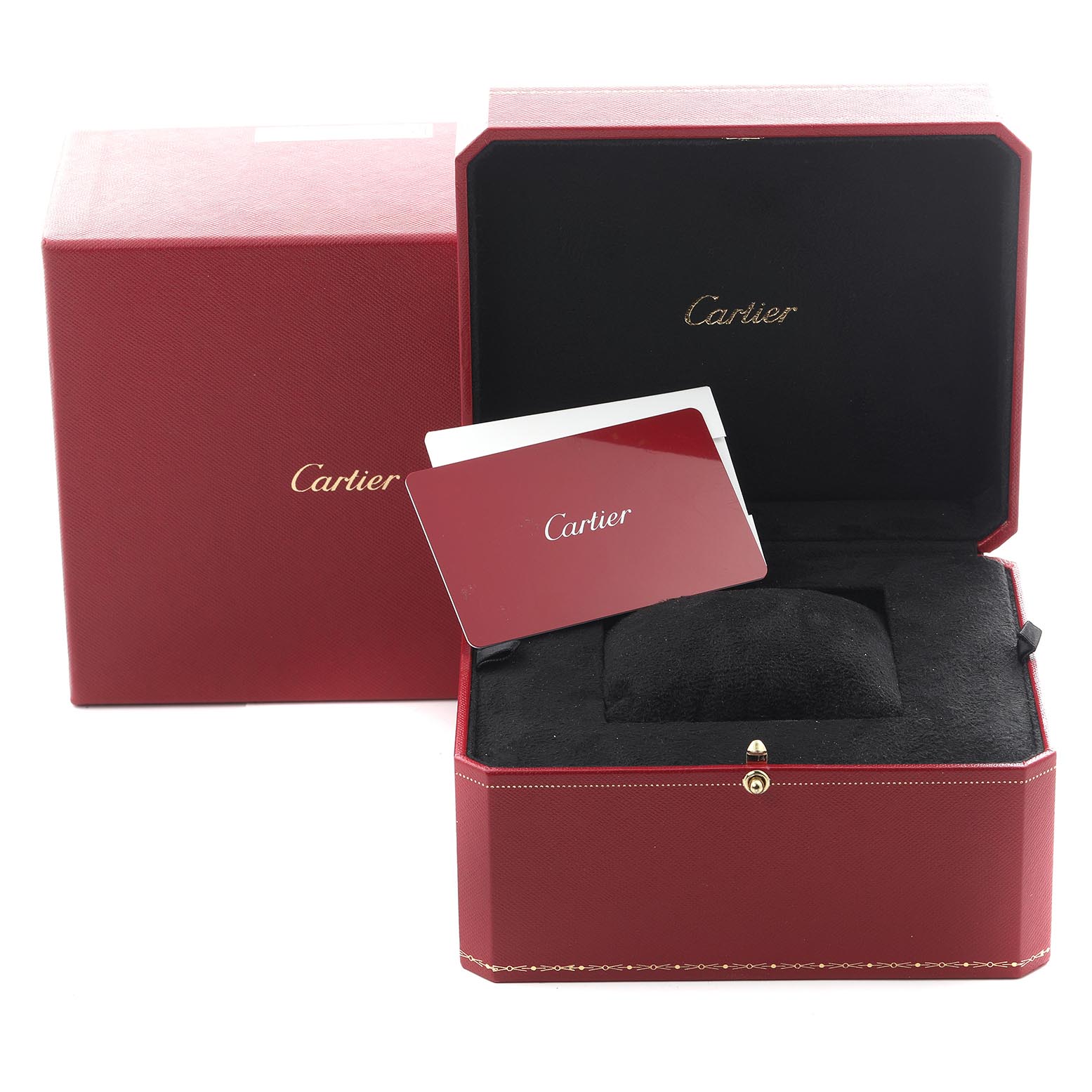 The image shows the red Cartier Santos WSSA0018 Men's Stainless Steel Silver Dial WSSA0018 Men's Stainless Steel Silver Dial watch box and warranty cards at an angle.