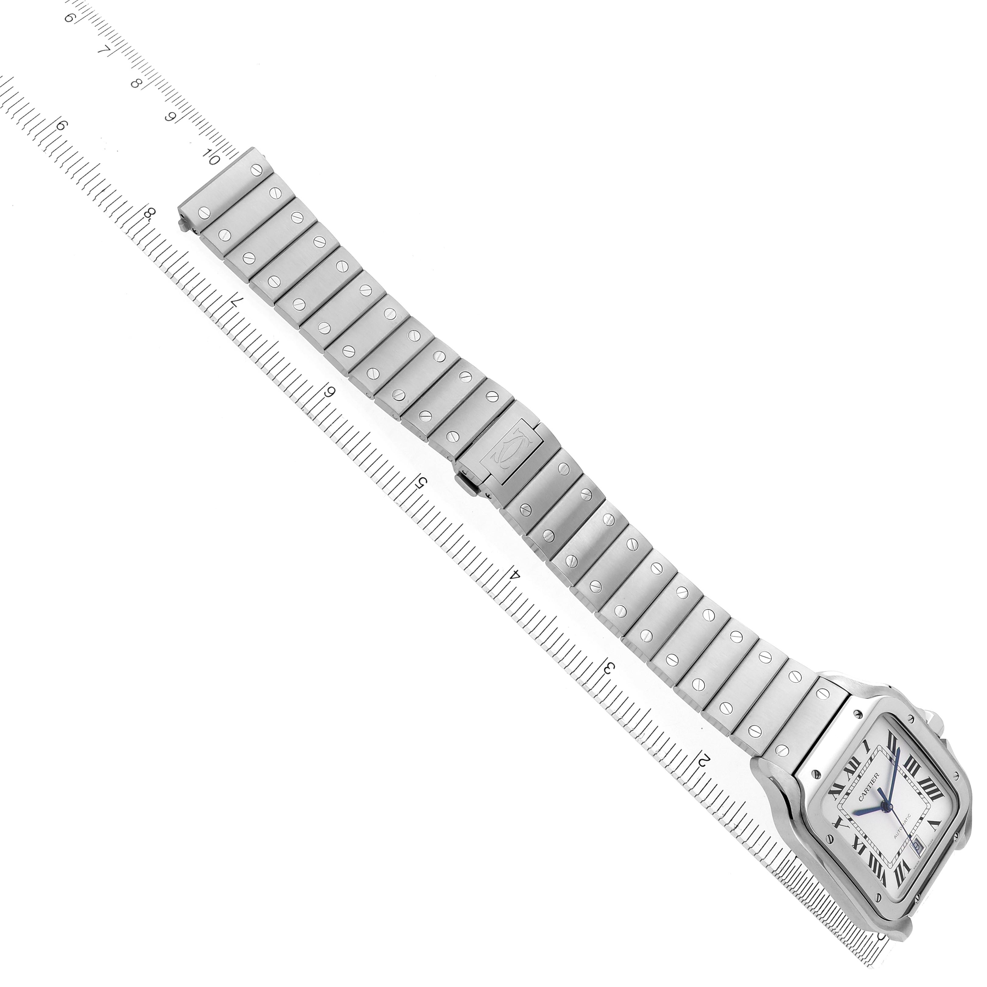 The Cartier Santos WSSA0018 Men's Stainless Steel Silver Dial WSSA0018 Men's Stainless Steel Silver Dial watch is shown at an angled overhead view, featuring its face, bezel, and metal bracelet.