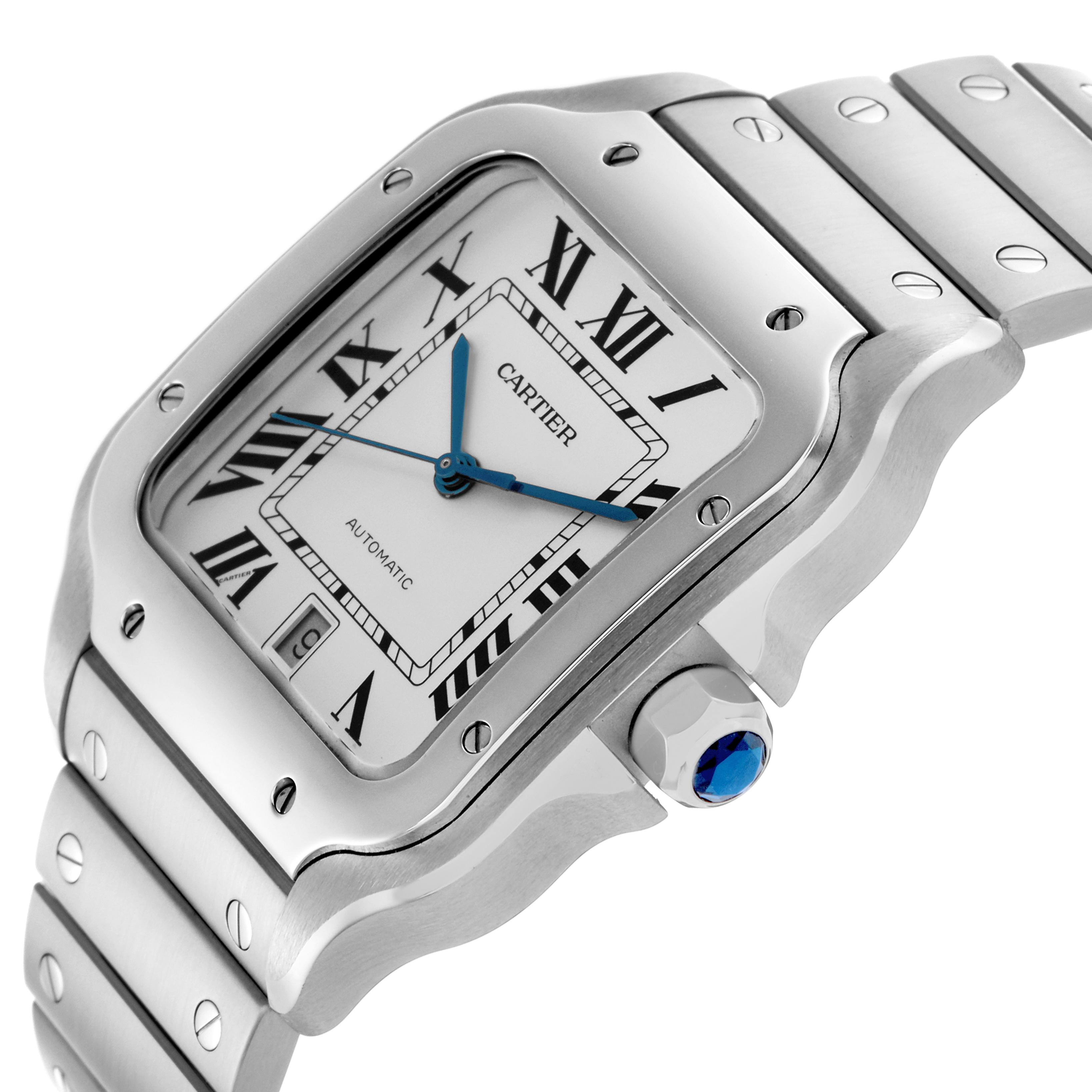 The Cartier Santos WSSA0018 Men's Stainless Steel Silver Dial WSSA0018 Men's Stainless Steel Silver Dial watch is shown at an angle highlighting the face, bezel, bracelet, and crown with a blue gem.