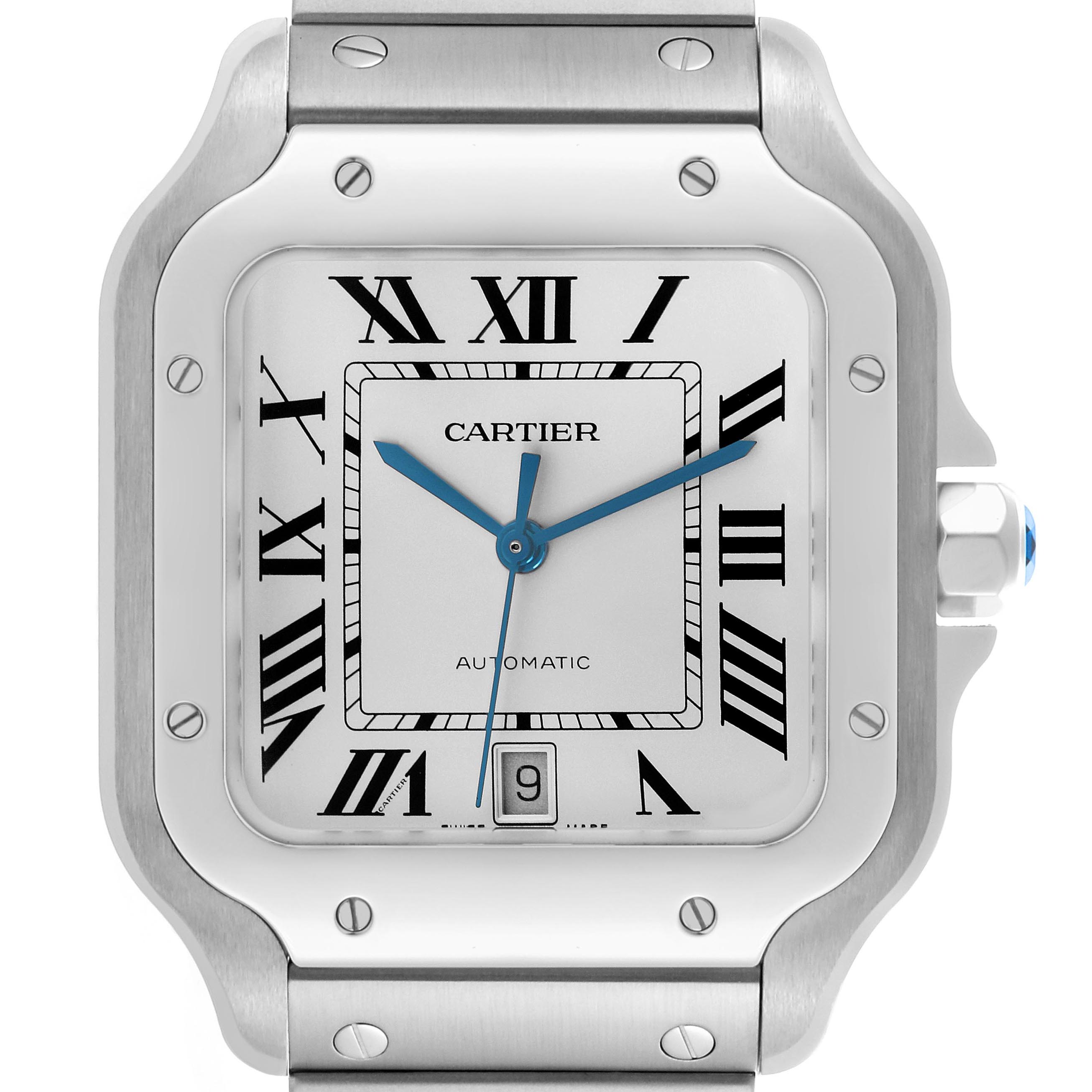 The Cartier Santos WSSA0018 Men's Stainless Steel Silver Dial WSSA0018 Men's Stainless Steel Silver Dial watch is shown from the front, displaying the face, bezel, and part of the metal bracelet.