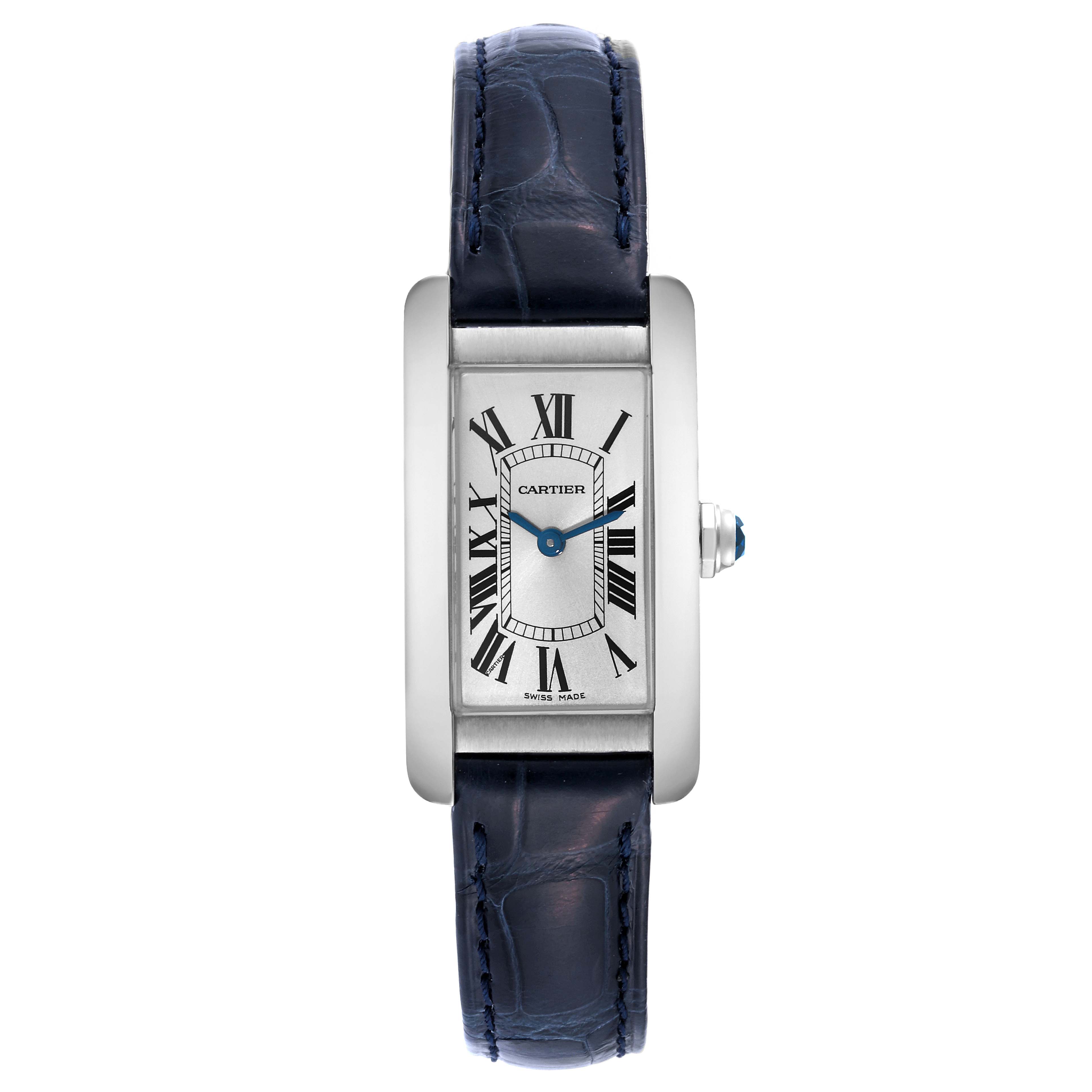 This is a frontal view of the Cartier Tank Americaine WSTA0016 Women's Stainless Steel Silver Dial WSTA0016 Women's Stainless Steel Silver Dial watch showing the face, strap, and crown.