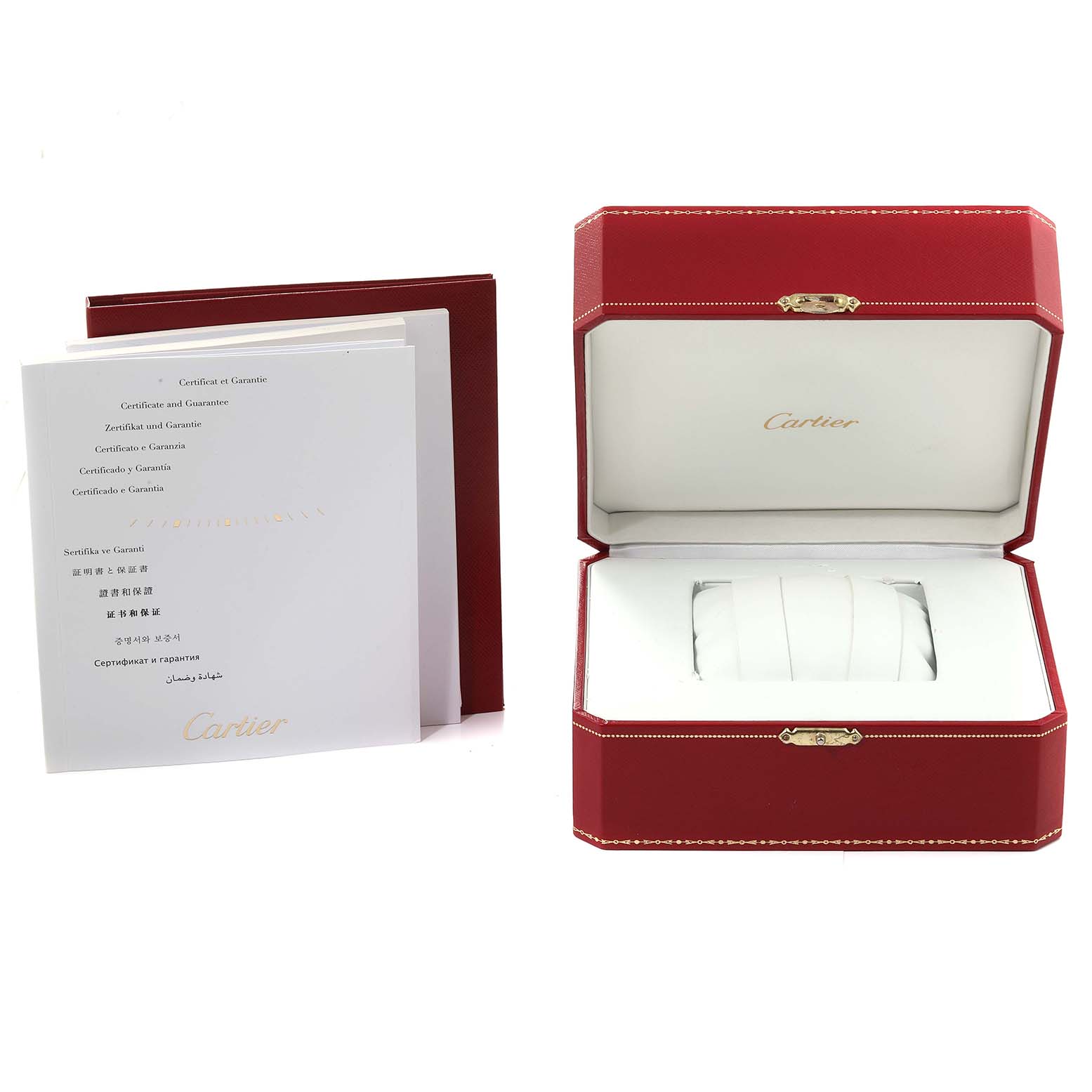 The image shows a Cartier Tank Americaine WSTA0016 Women's Stainless Steel Silver Dial WSTA0016 Women's Stainless Steel Silver Dial watch box and accompanying certificates, with the box open and displaying the watch holder.