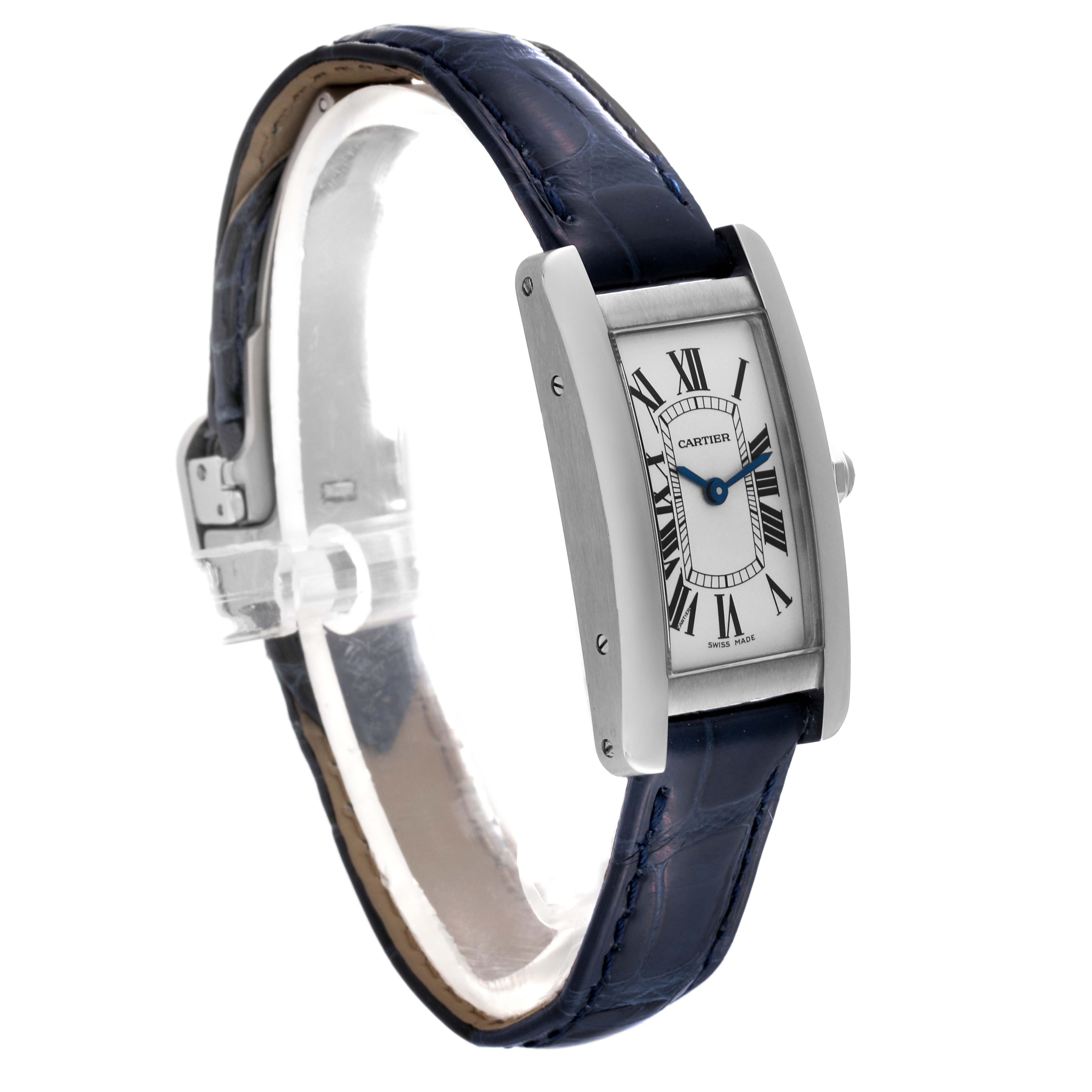 The image shows a Cartier Tank Americaine WSTA0016 Women's Stainless Steel Silver Dial WSTA0016 Women's Stainless Steel Silver Dial watch angled to display the face, bezel, side, and leather strap.