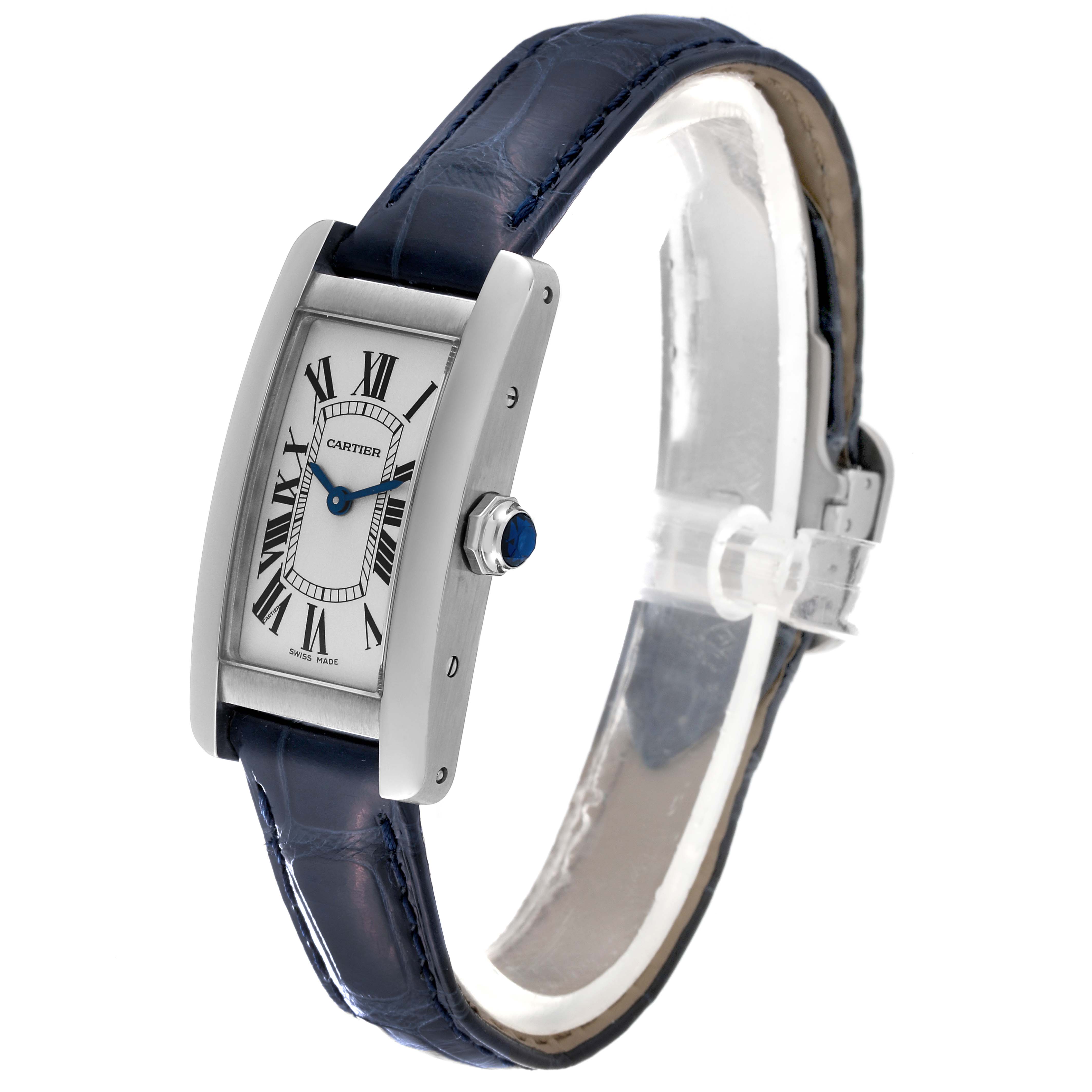 The image shows a right-side angle view of the Cartier Tank Americaine WSTA0016 Women's Stainless Steel Silver Dial WSTA0016 Women's Stainless Steel Silver Dial watch, highlighting its dial and navy leather strap.