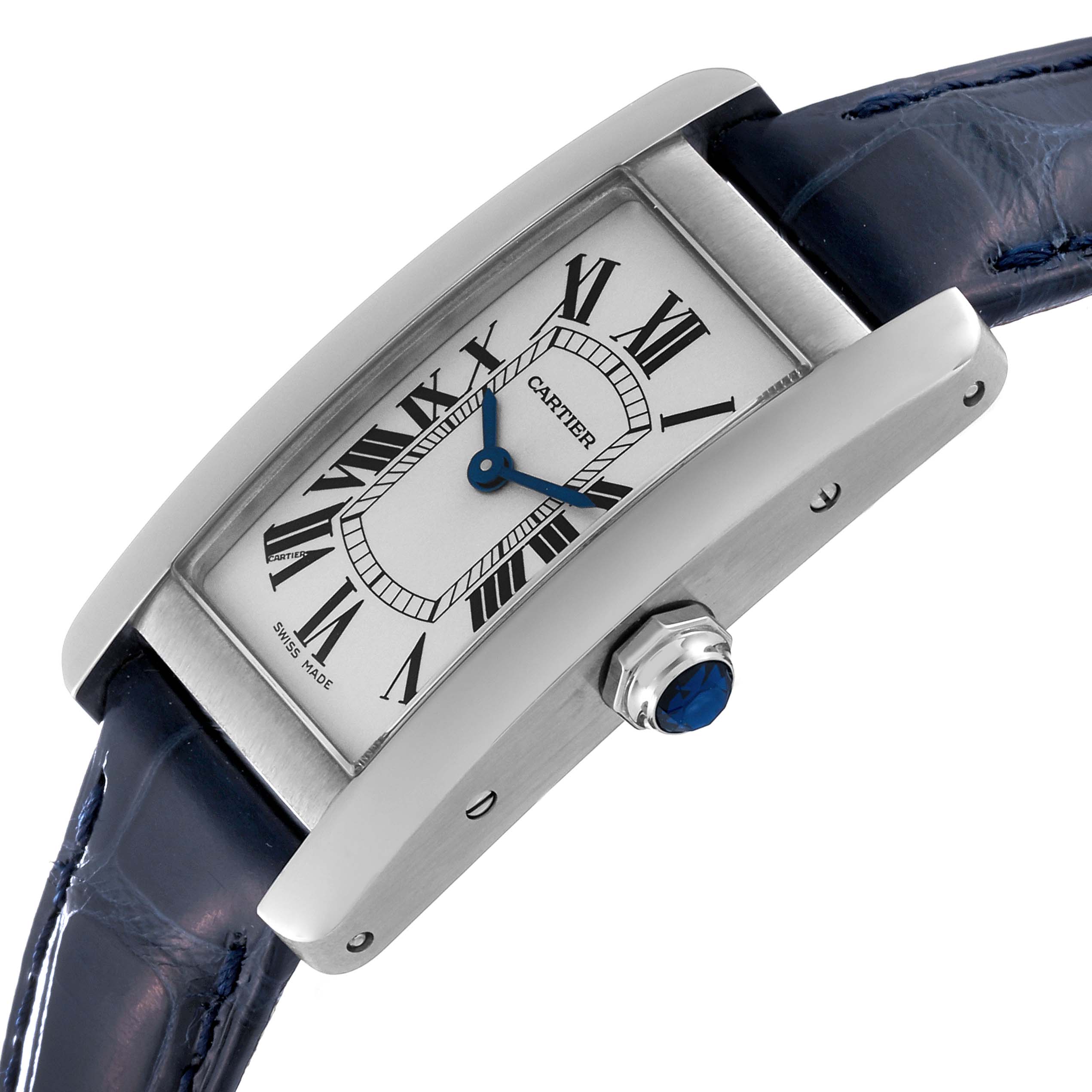 This image shows a close-up side angle of the Cartier Tank Américaine watch, highlighting its curved rectangular case and crown with a blue cabochon.
