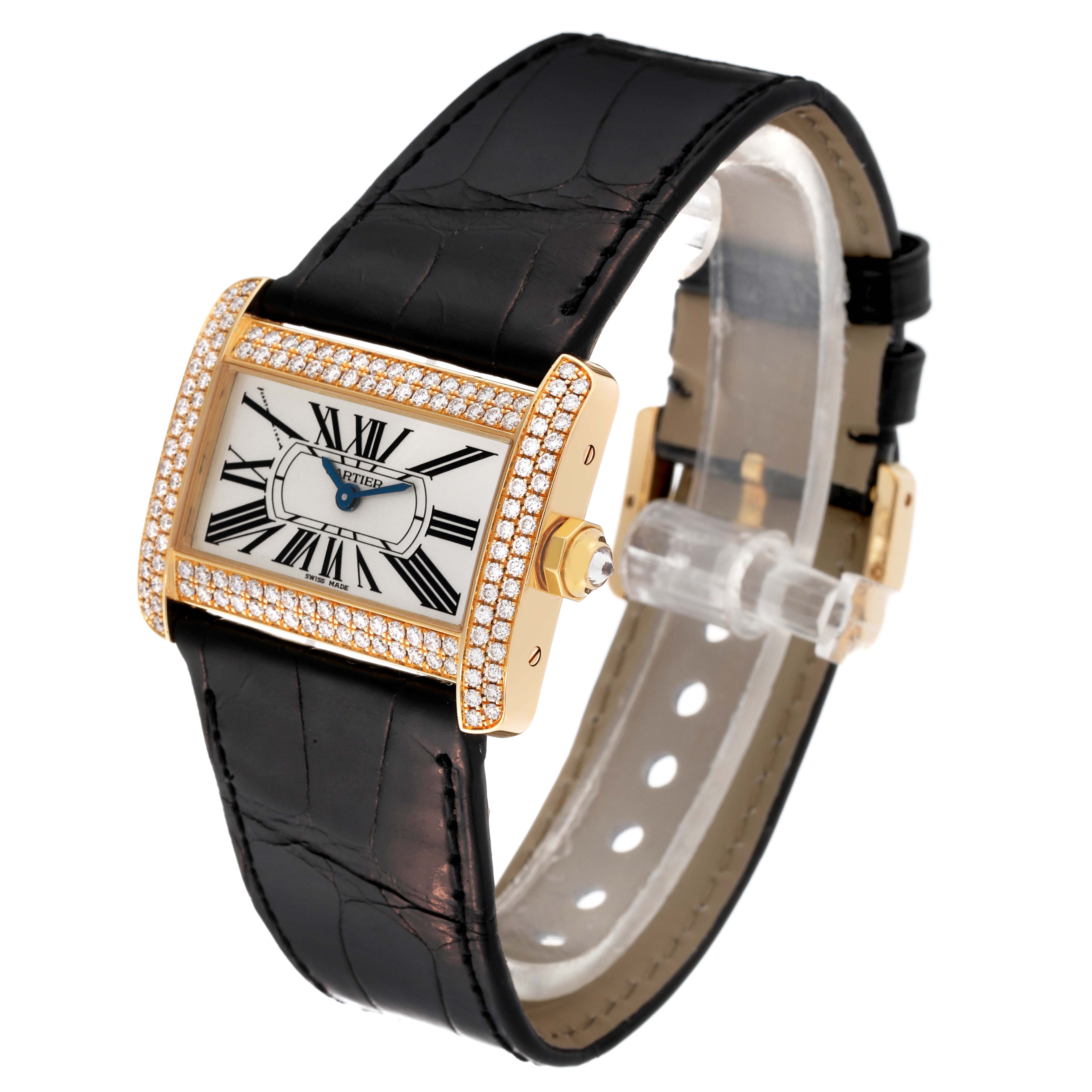 The image shows a Cartier Tank Divan WA301036 Women's Yellow Gold Silver Dial WA301036 Women's Yellow Gold Silver Dial watch at a slight angle, revealing its face, strap, and side crown.