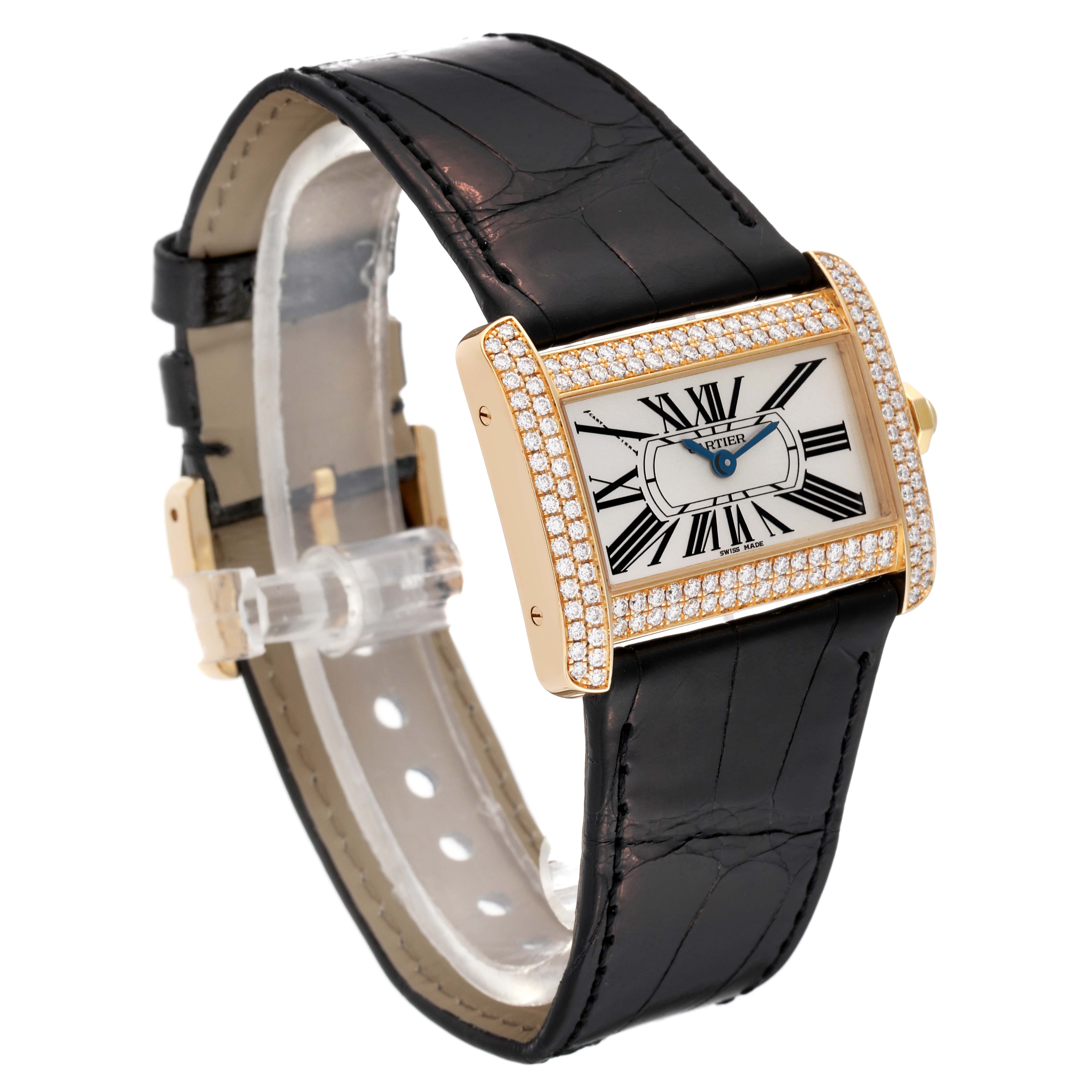The Cartier Tank Divan WA301036 Women's Yellow Gold Silver Dial WA301036 Women's Yellow Gold Silver Dial watch is shown from an angled side view, displaying the face, bezel, and black strap.