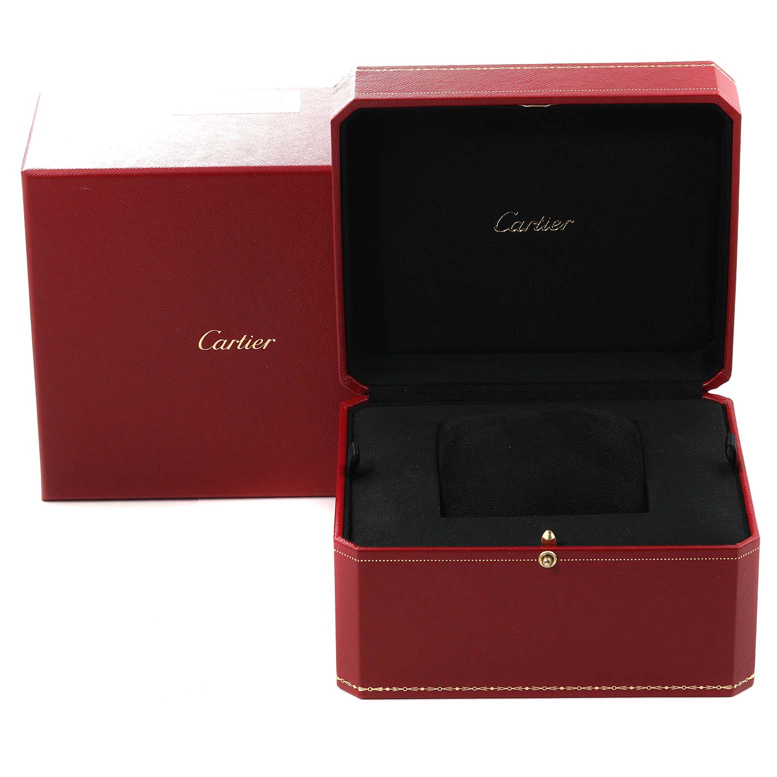 The image shows the packaging for a Cartier Tank Divan WA301036 Women's Yellow Gold Silver Dial WA301036 Women's Yellow Gold Silver Dial watch, including the outer box and the open display case.