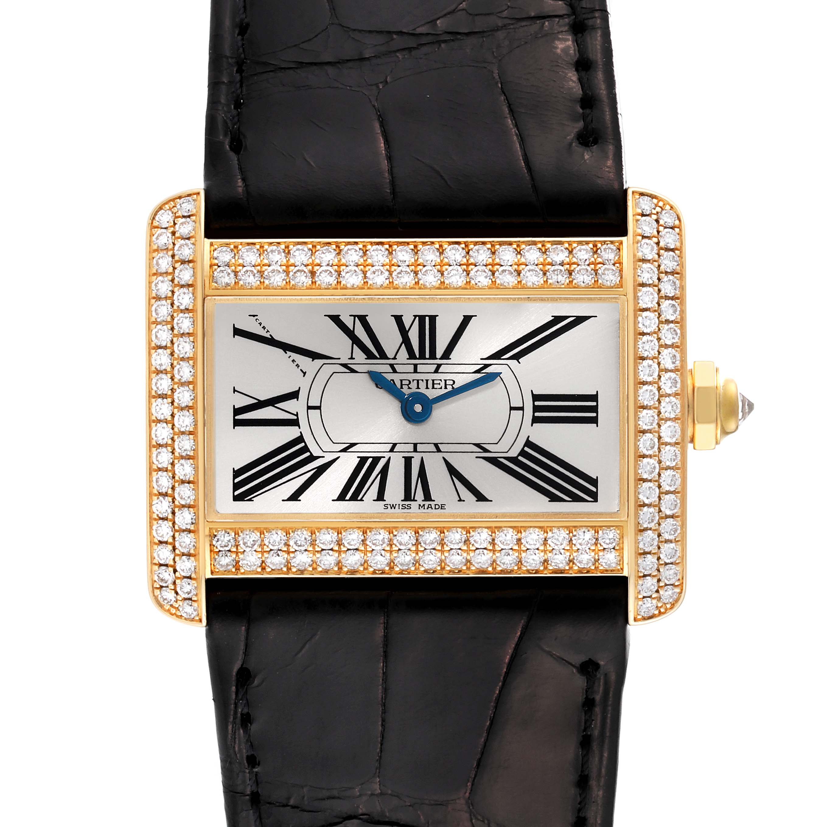 The Cartier Tank Divan WA301036 Women's Yellow Gold Silver Dial WA301036 Women's Yellow Gold Silver Dial watch is shown from a front angle, displaying the face, bezel, and leather strap.