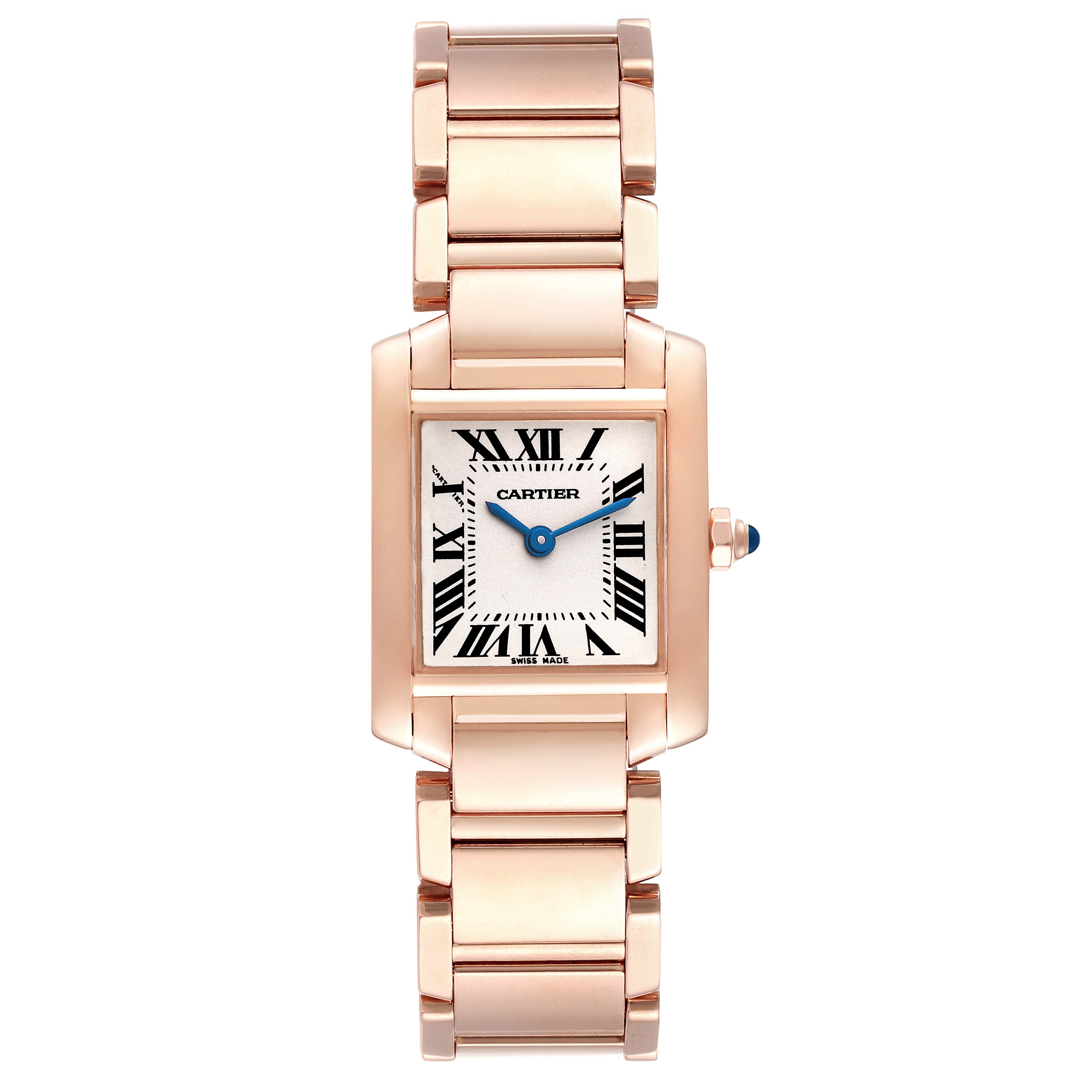 The image shows a front view of the Cartier Tank Francaise W500264H Women's Rose Gold Silver Dial W500264H Women's Rose Gold Silver Dial watch, highlighting the face, bezel, lugs, crown, and bracelet.