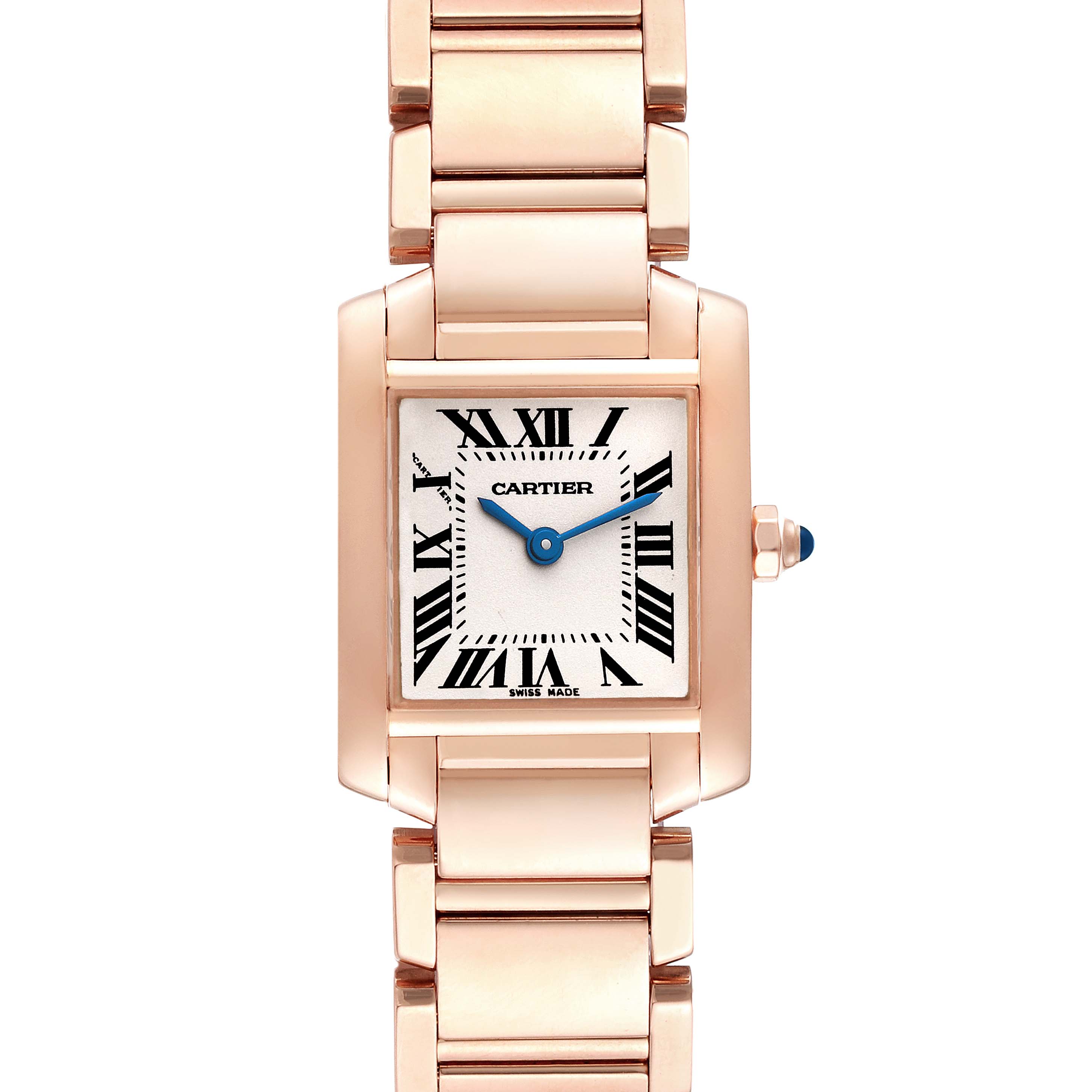 The image shows a front view of the Cartier Tank Francaise W500264H Women's Rose Gold Silver Dial W500264H Women's Rose Gold Silver Dial watch, featuring its rectangular dial, bracelet, and crown.