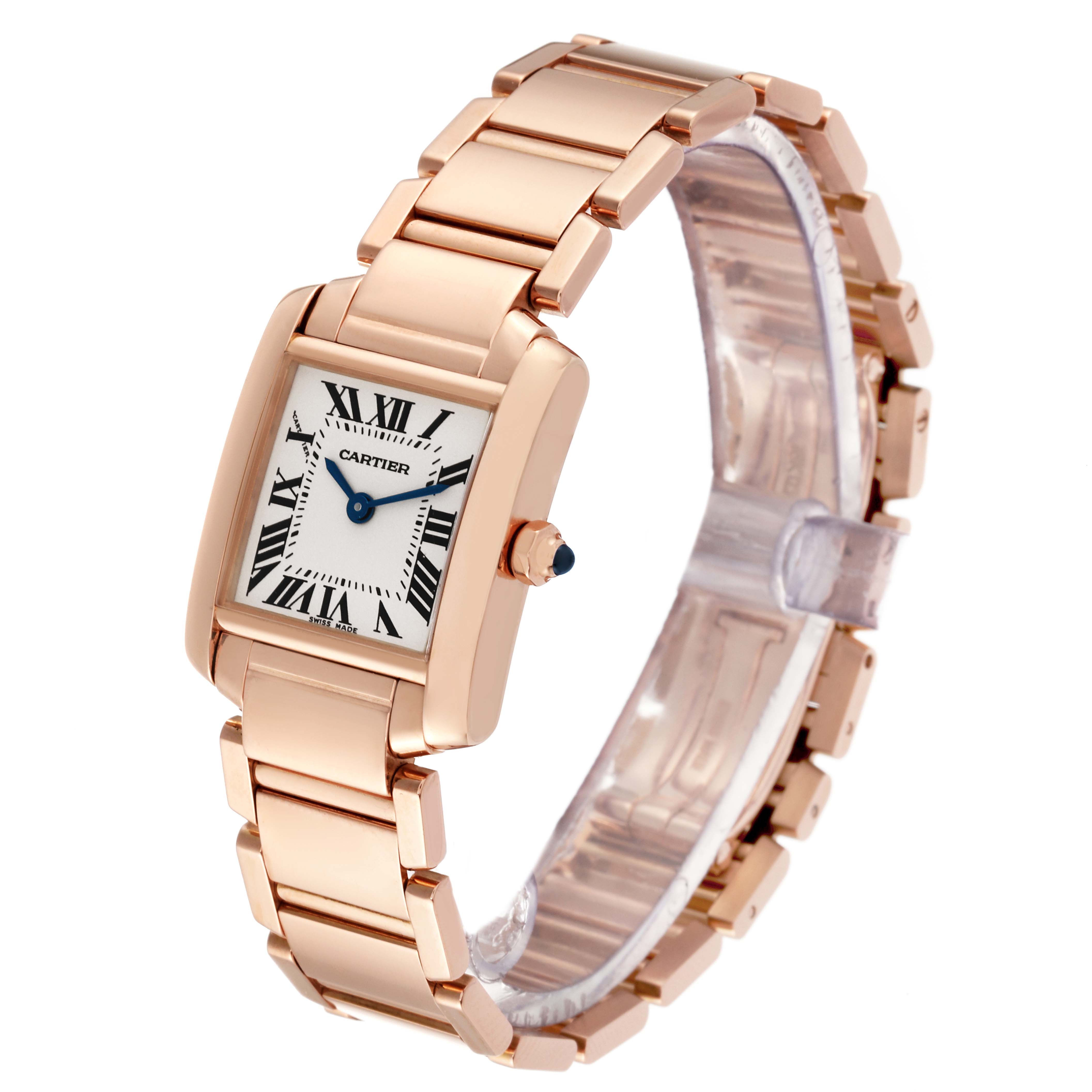 The Cartier Tank Francaise W500264H Women's Rose Gold Silver Dial W500264H Women's Rose Gold Silver Dial watch is shown at a three-quarter angle, displaying the face, bracelet, and crown.