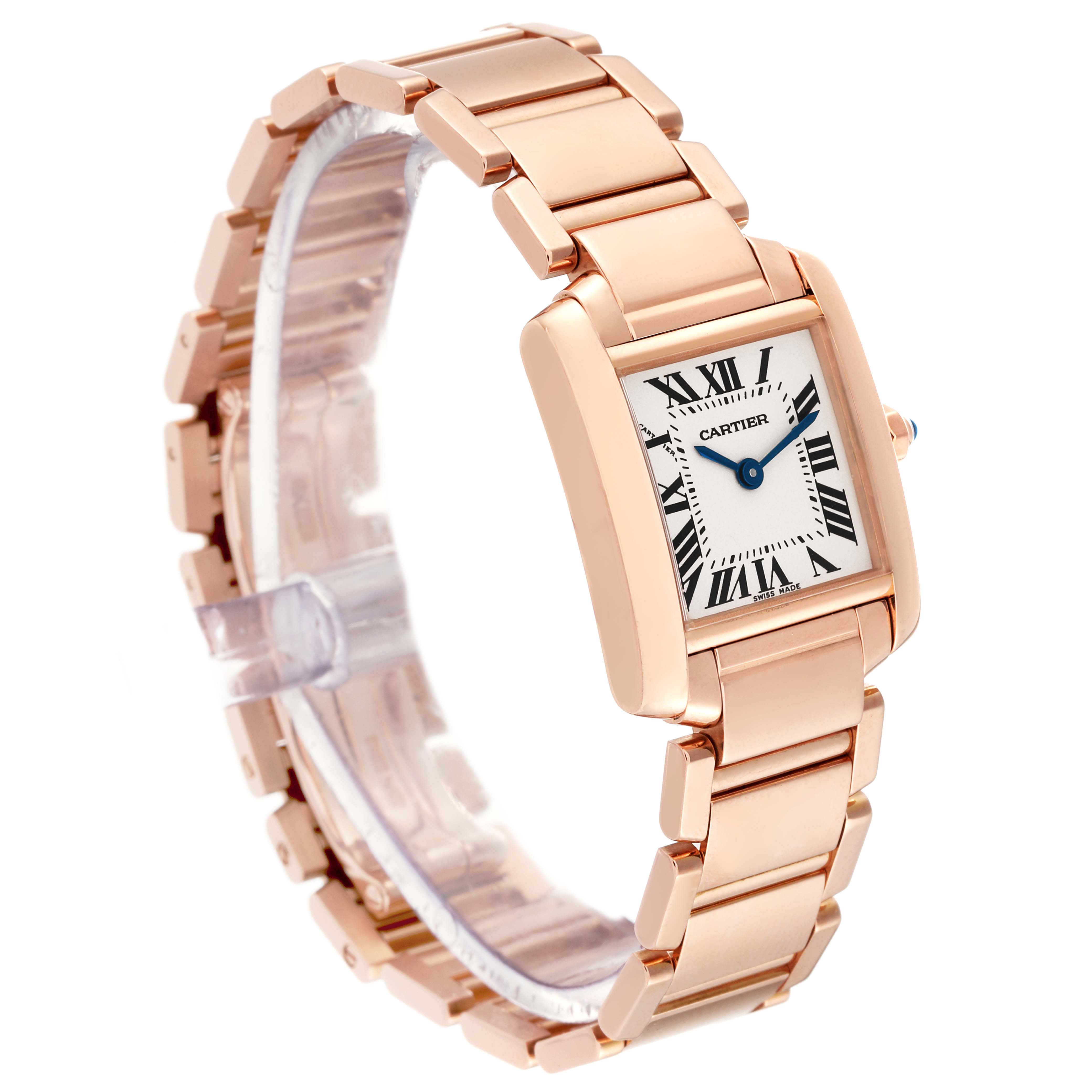 The image shows a Cartier Tank Francaise W500264H Women's Rose Gold Silver Dial W500264H Women's Rose Gold Silver Dial watch at an angled view, highlighting its rectangular face, Roman numerals, and linked bracelet.