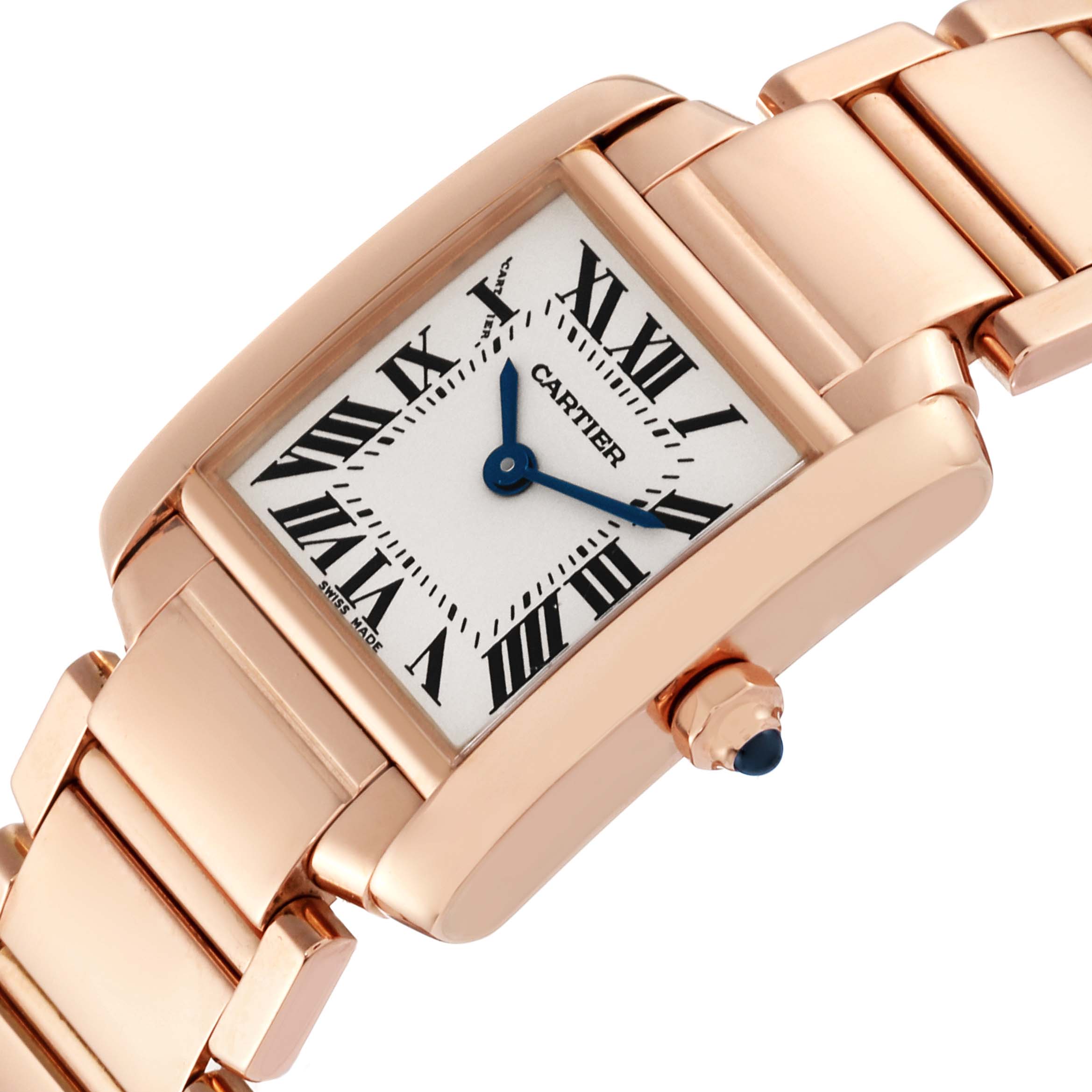 The image shows a close-up of the Cartier Tank Francaise W500264H Women's Rose Gold Silver Dial W500264H Women's Rose Gold Silver Dial watch, highlighting its rectangular dial, Roman numerals, and bracelet.