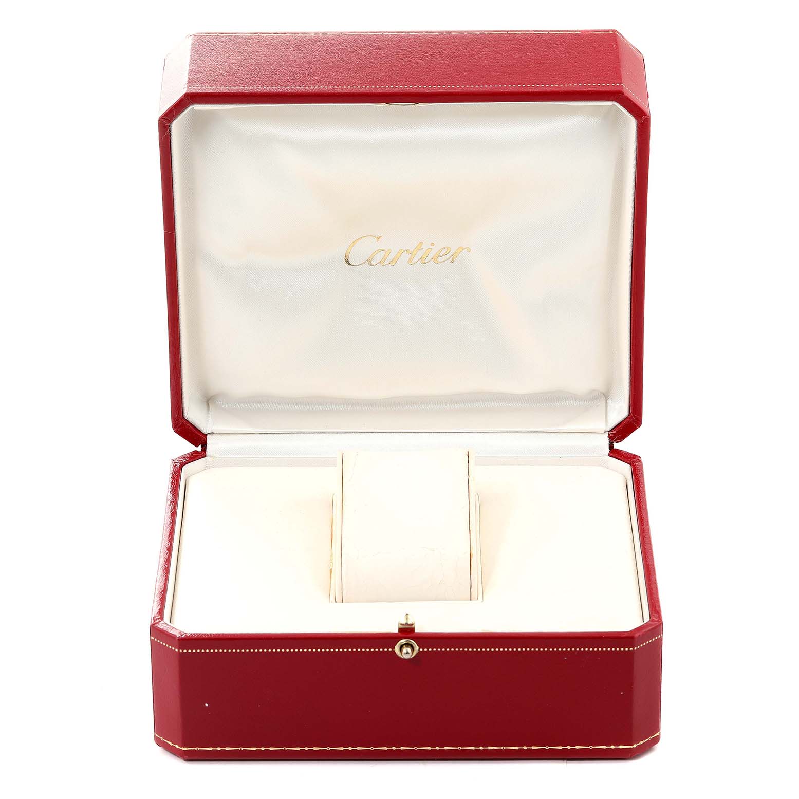 The image shows an open red Cartier box for the Tank Française model, displaying its cushioned interior.