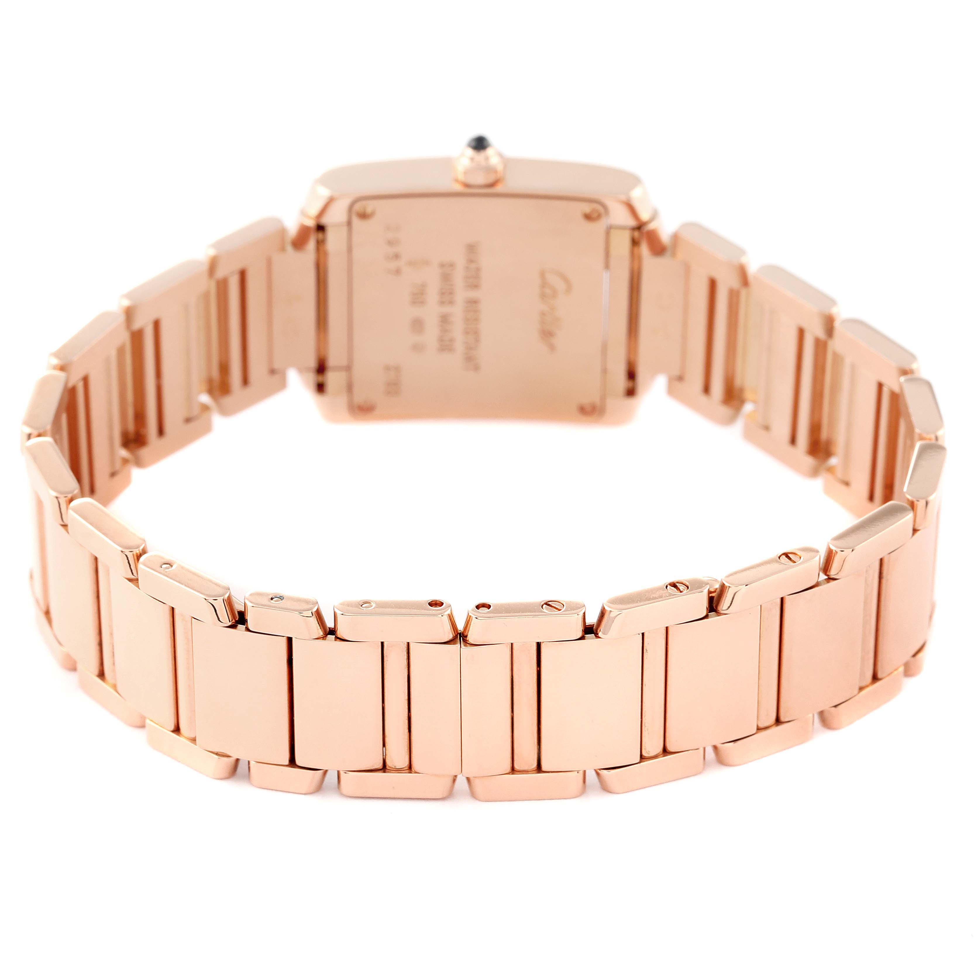 This image shows the back and bracelet of the Cartier Tank Francaise W500264H Women's Rose Gold Silver Dial W500264H Women's Rose Gold Silver Dial watch at an angle.