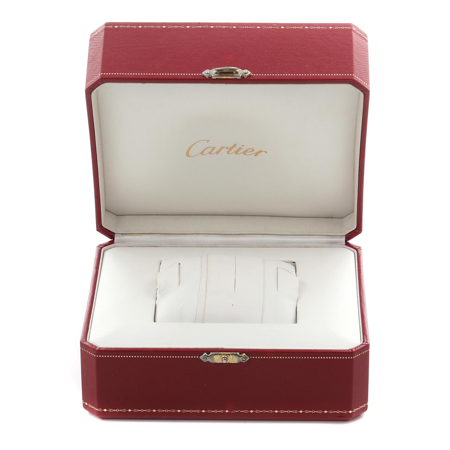 The image shows a Cartier Tank Francaise W51034Q3 Women's Stainless Steel Mother of Pearl Dial W51034Q3 Women's Stainless Steel Mother of Pearl Dial watch box open, displaying the interior with the Cartier logo.