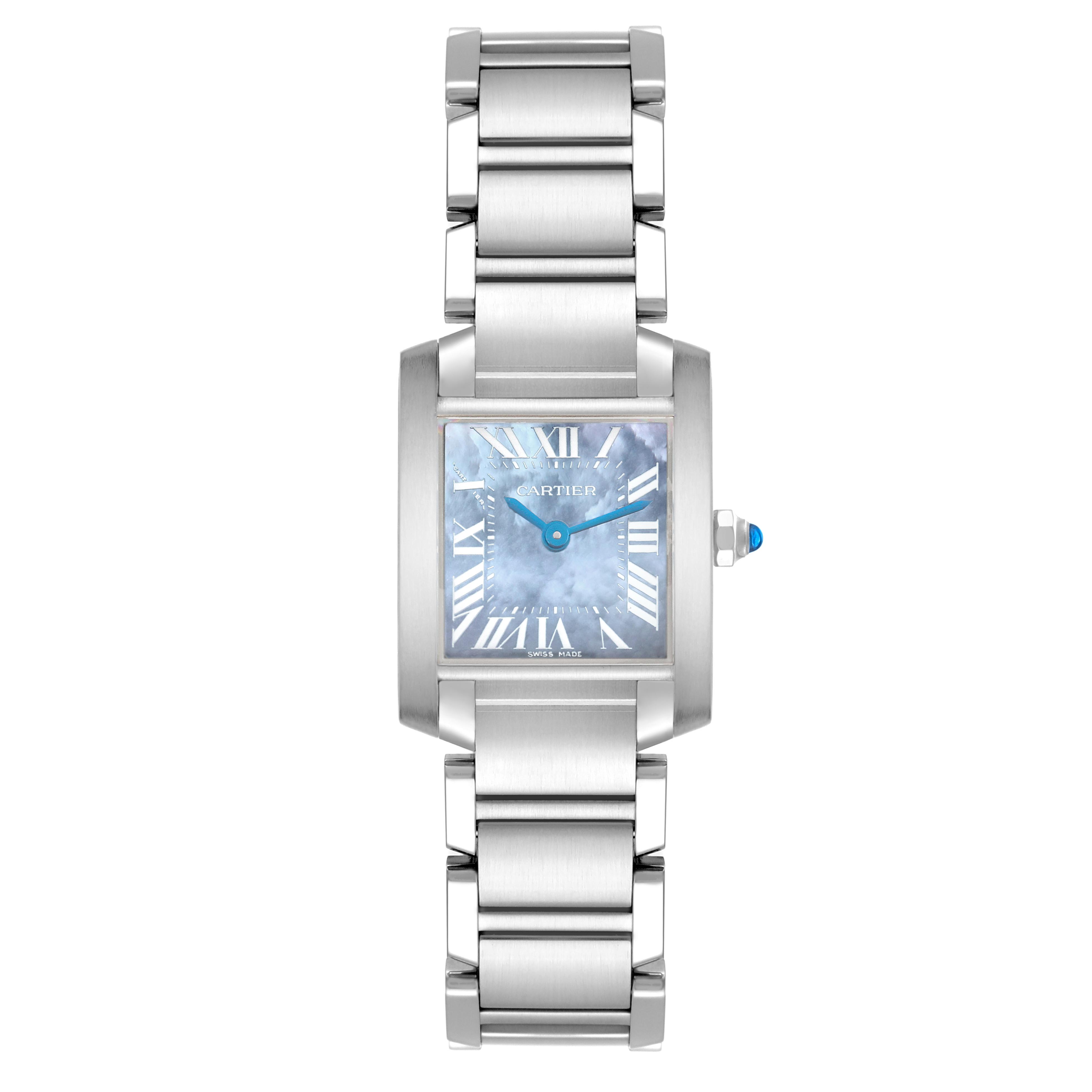 The Cartier Tank Française watch is shown from a top view displaying its rectangular face, bracelet, and crown detail.