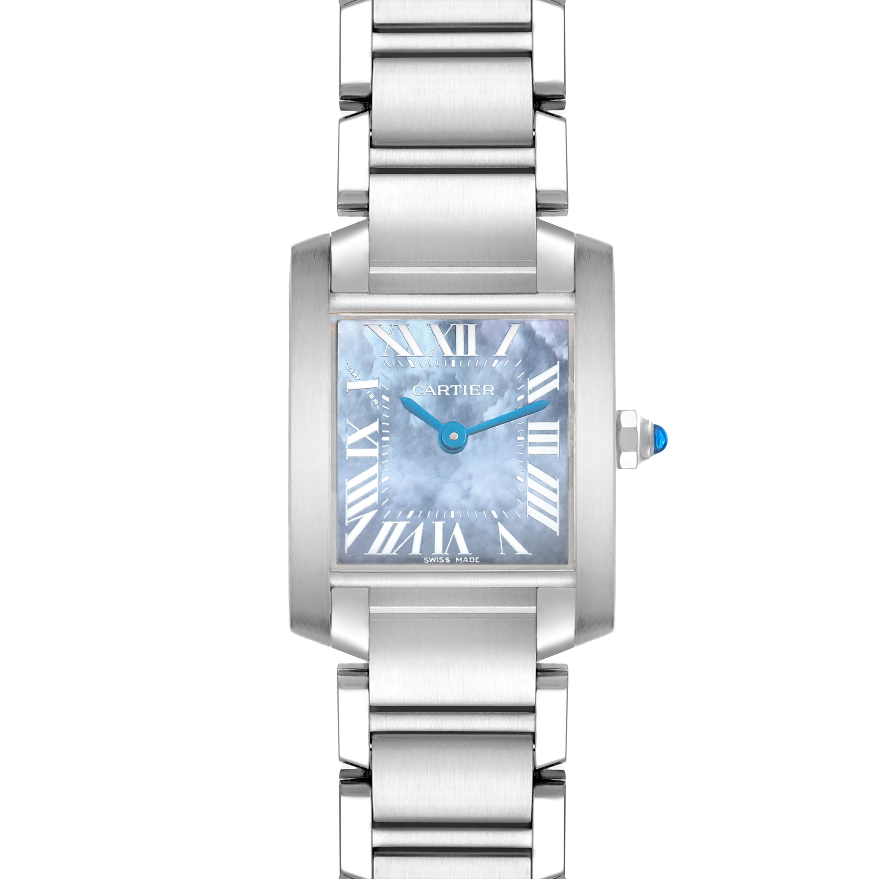 The Cartier Tank Française watch is shown from a straight-on angle, highlighting its face, bracelet, and crown.