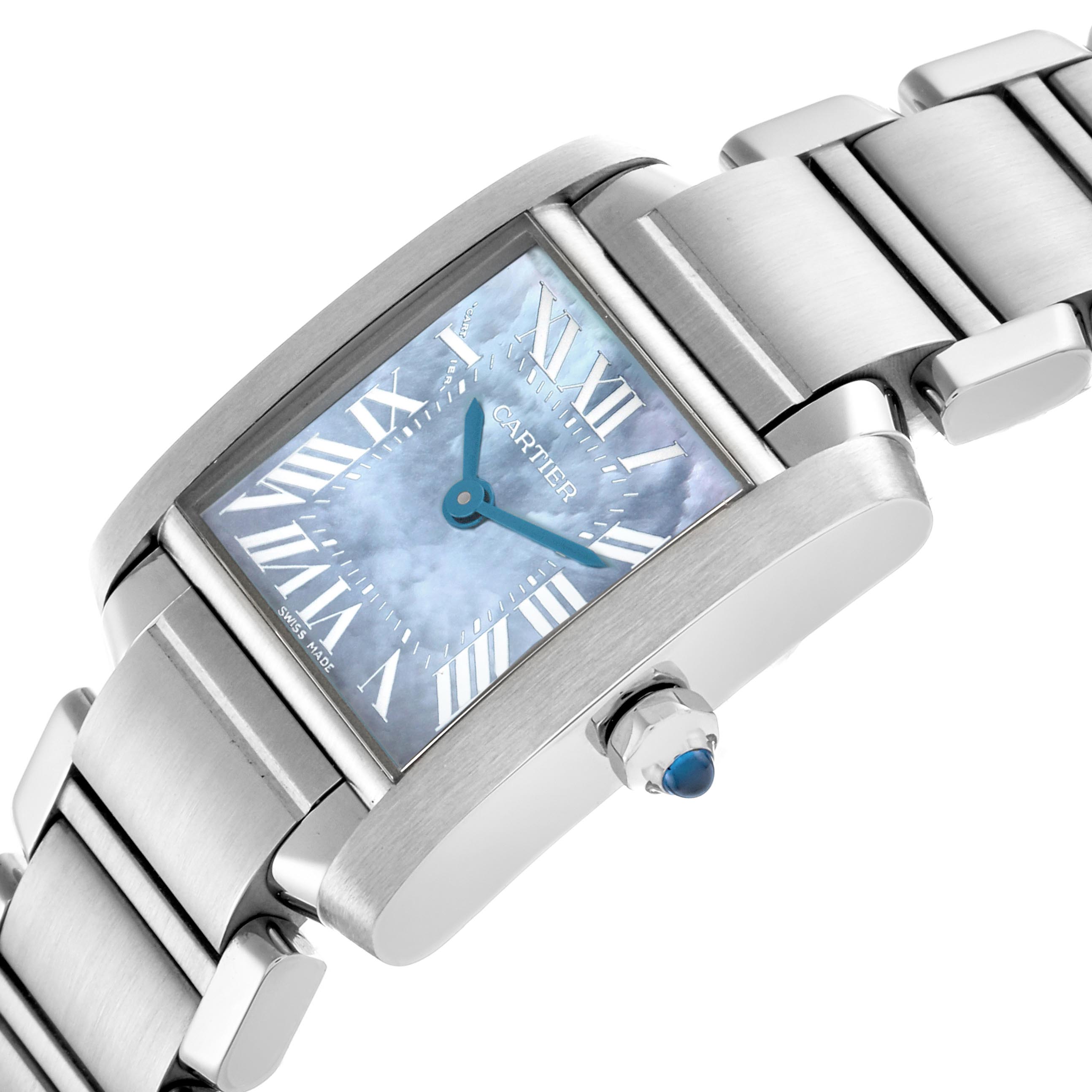 The Cartier Tank Francaise W51034Q3 Women's Stainless Steel Mother of Pearl Dial W51034Q3 Women's Stainless Steel Mother of Pearl Dial watch is shown at an angle highlighting the face, crown, and part of the bracelet.