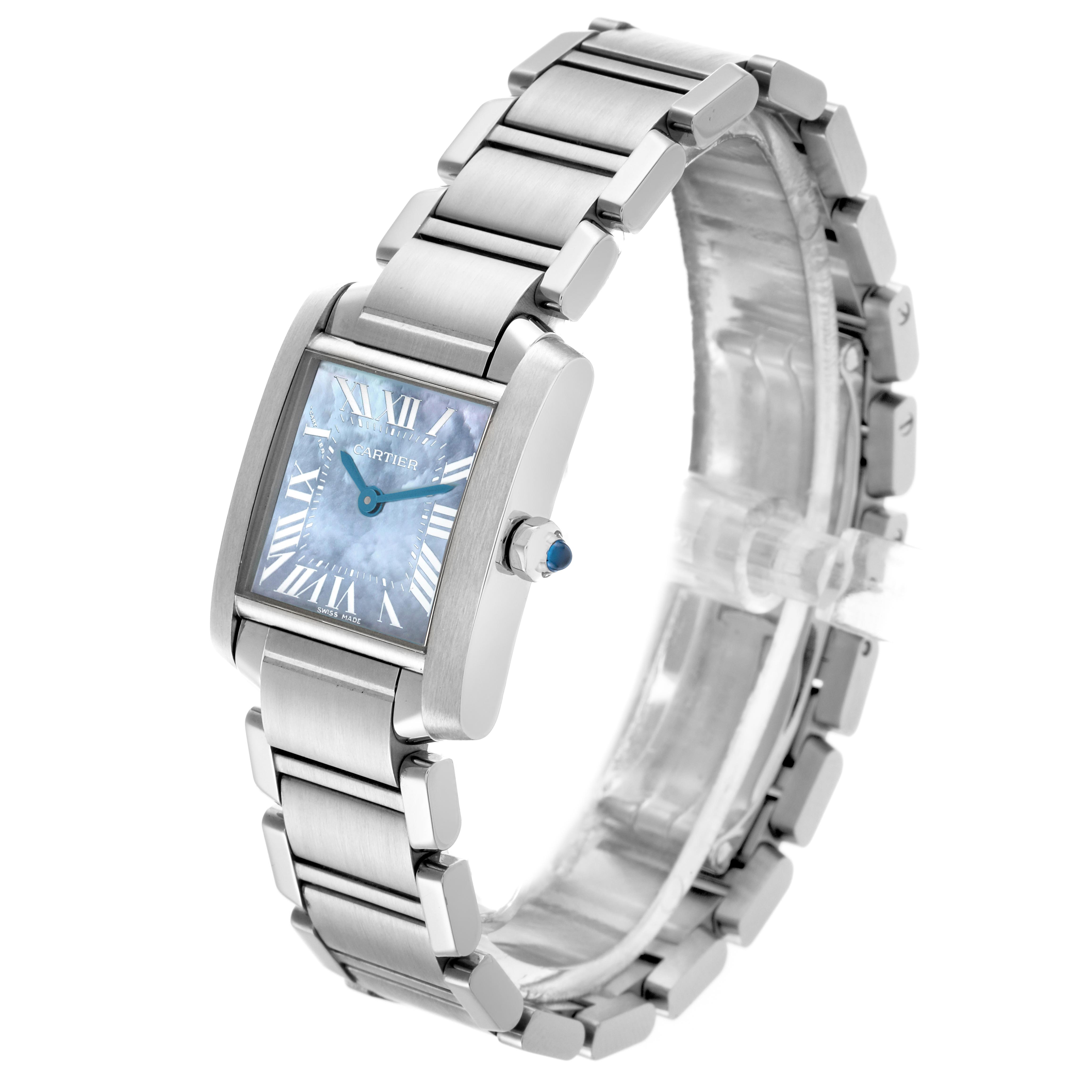 The Tank Française by Cartier is shown at an angle highlighting the face, crown, and stainless steel bracelet.