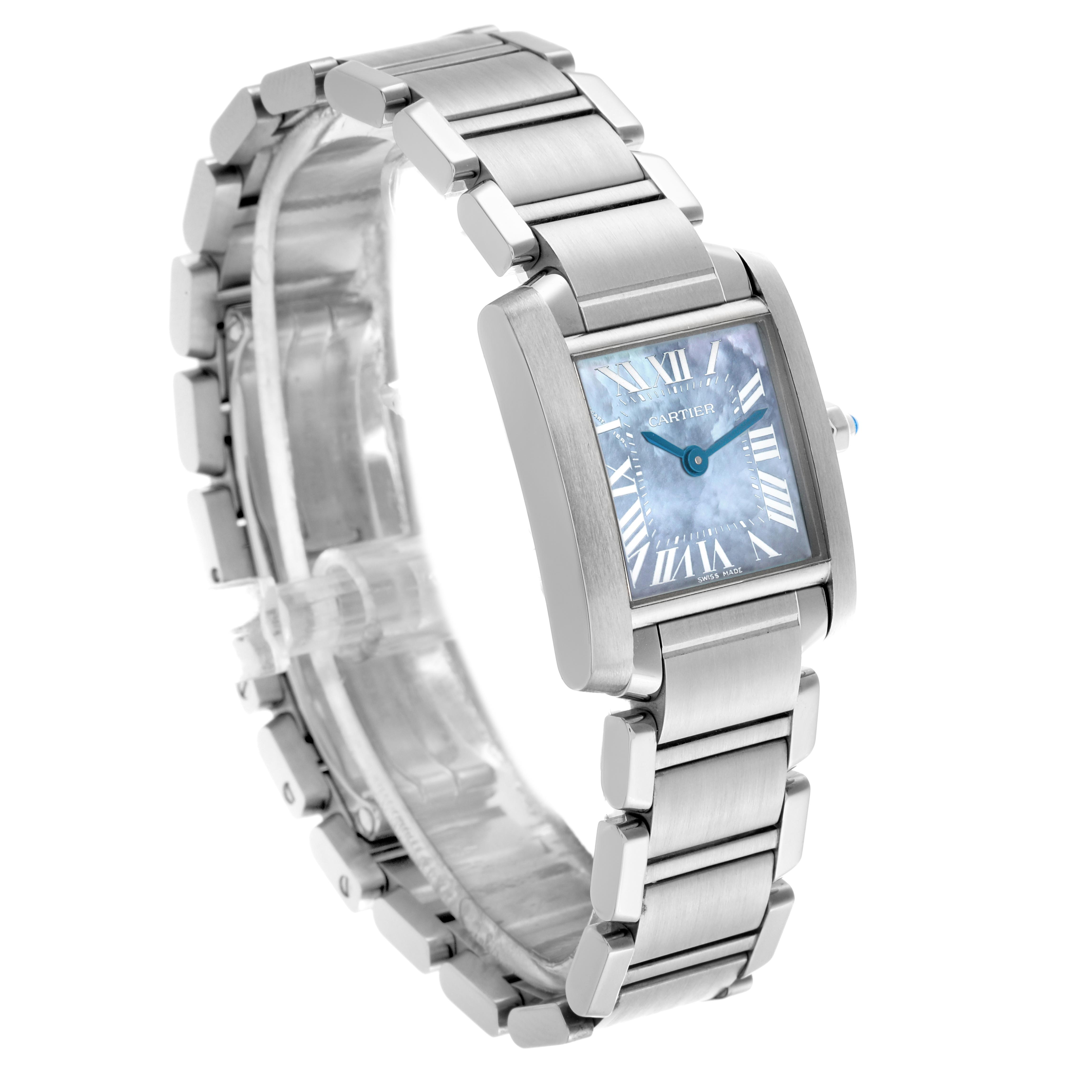 The Cartier Tank Francaise W51034Q3 Women's Stainless Steel Mother of Pearl Dial W51034Q3 Women's Stainless Steel Mother of Pearl Dial watch is shown at a three-quarter angle, highlighting the bracelet and rectangular blue dial.