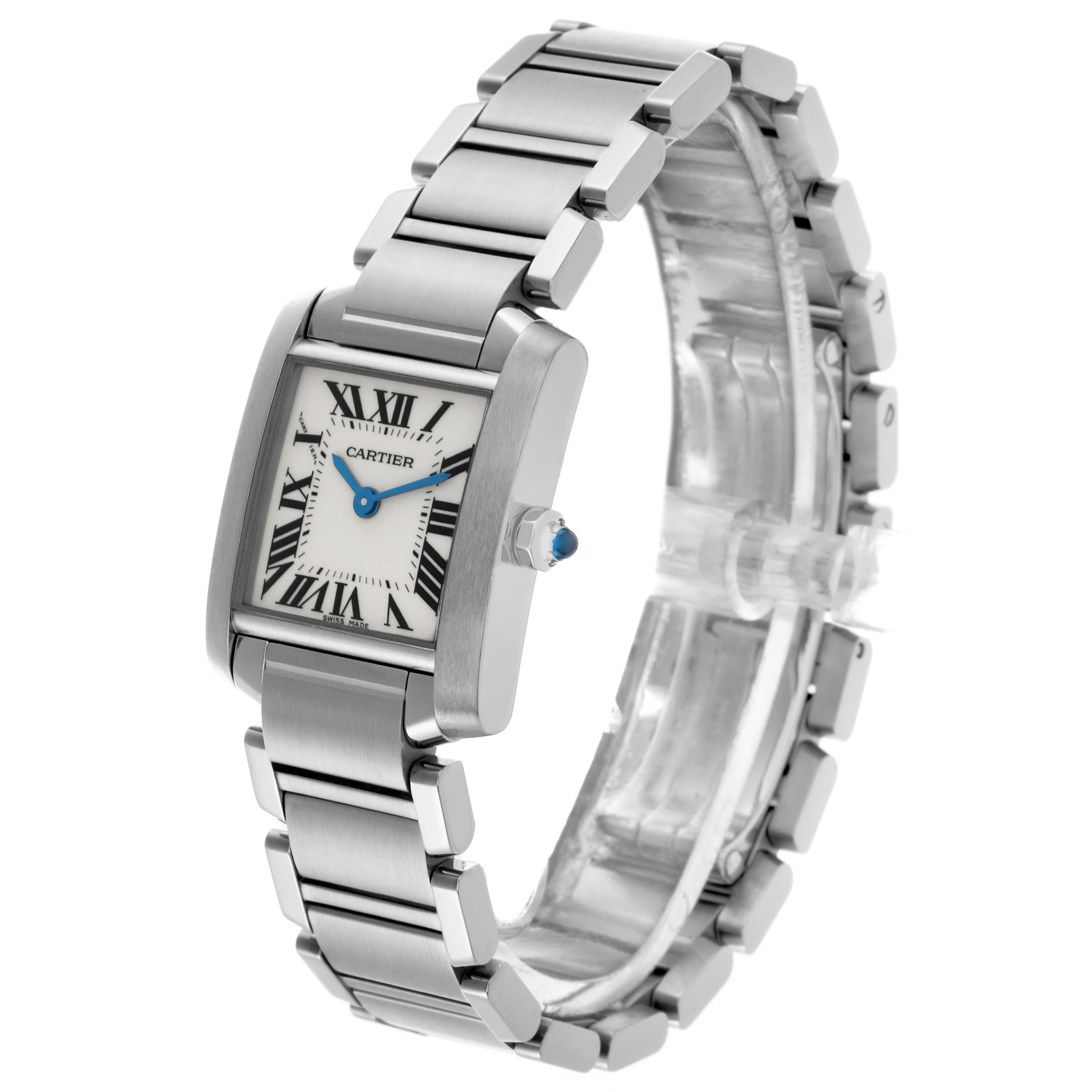 The Cartier Tank Française watch is shown at a three-quarter angle, highlighting the bracelet and dial with Roman numerals.