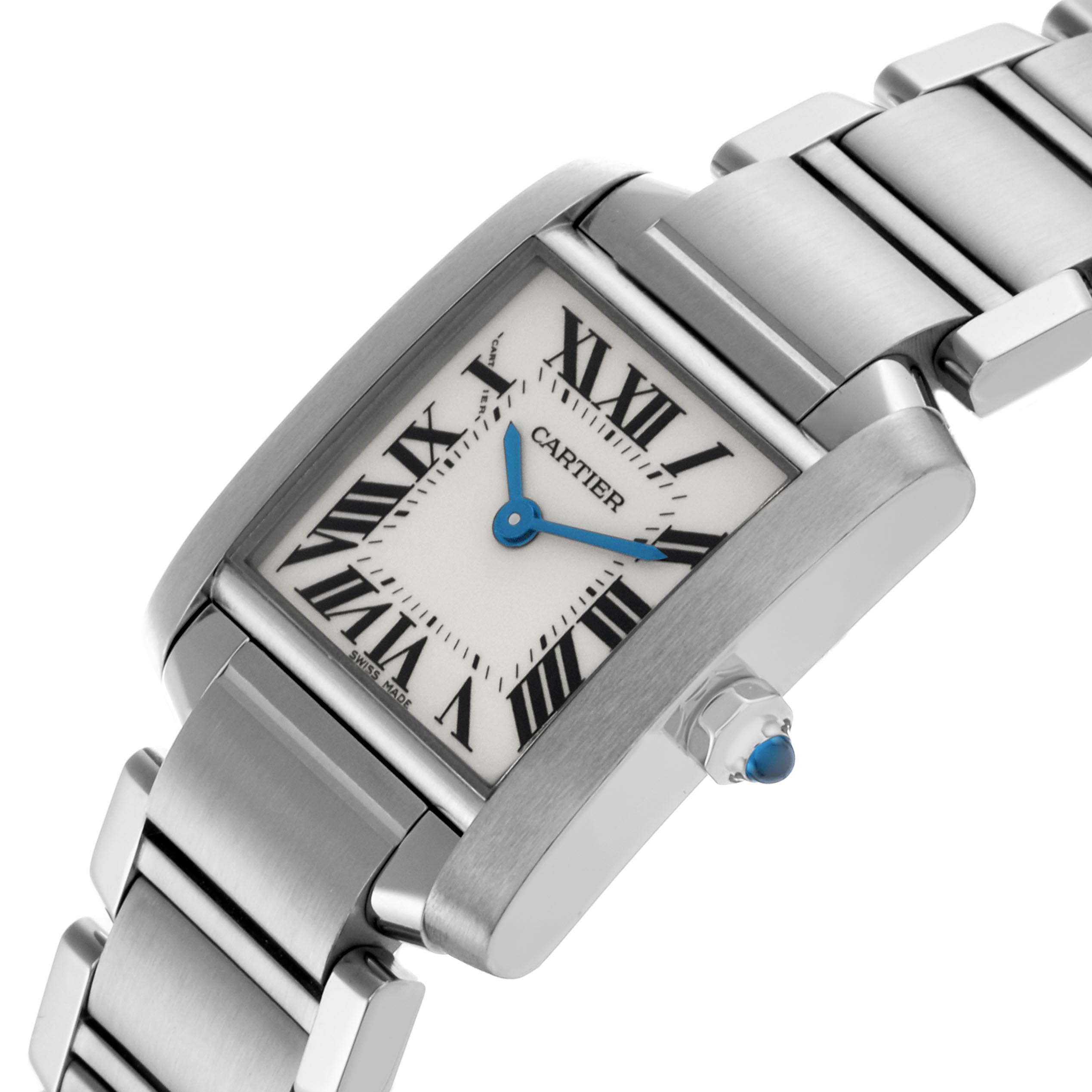 The Cartier Tank Francaise W51008Q3 Women's Stainless Steel Silver Dial W51008Q3 Women's Stainless Steel Silver Dial watch is shown at a tilted angle, highlighting the face, Roman numerals, hands, crown, and part of the bracelet.