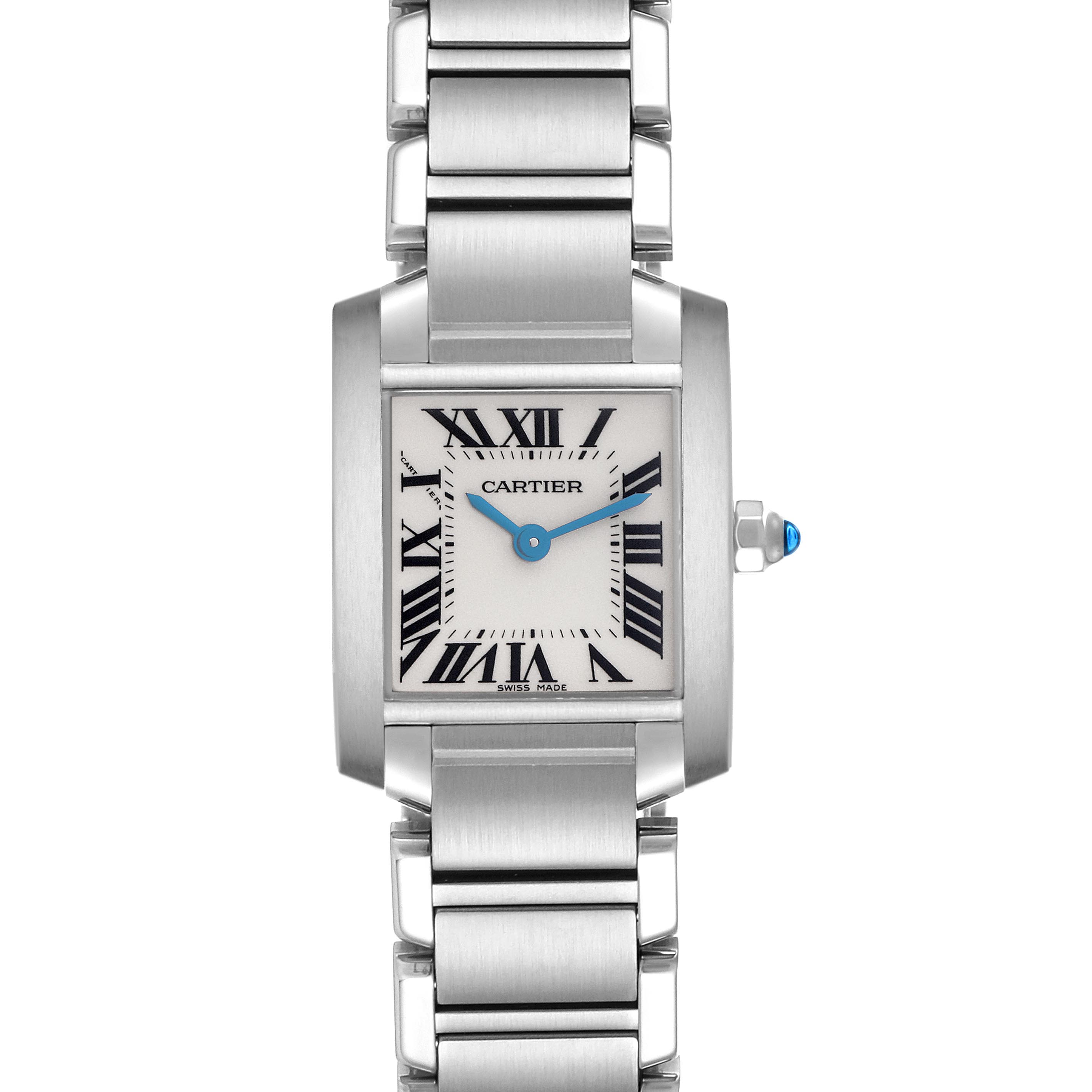The Cartier Tank Française watch is shown from the front, displaying the face, hands, and bracelet.