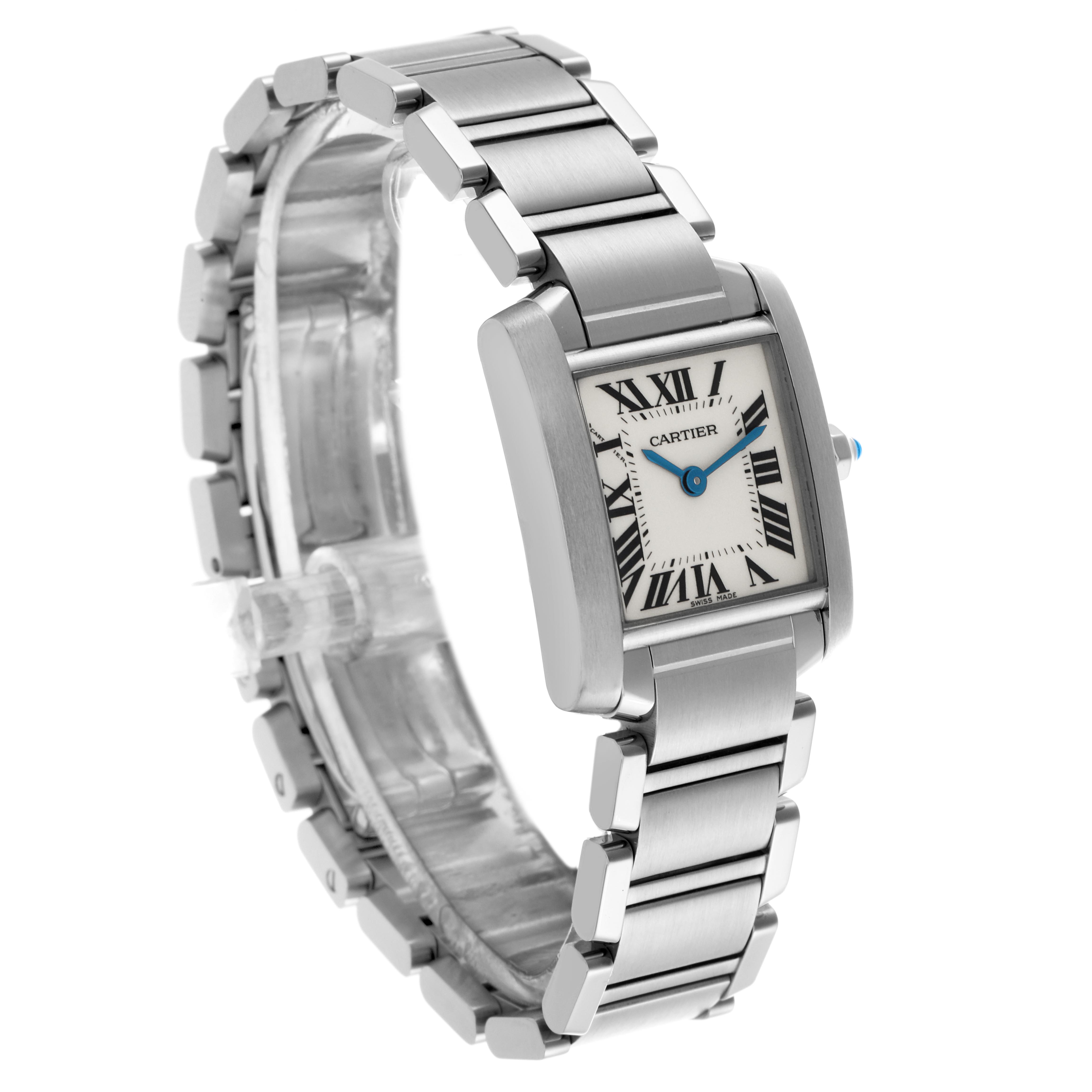 The Cartier Tank Francaise W51008Q3 Women's Stainless Steel Silver Dial W51008Q3 Women's Stainless Steel Silver Dial watch is shown at a three-quarter angle, displaying its rectangular face, Roman numerals, and metal bracelet.