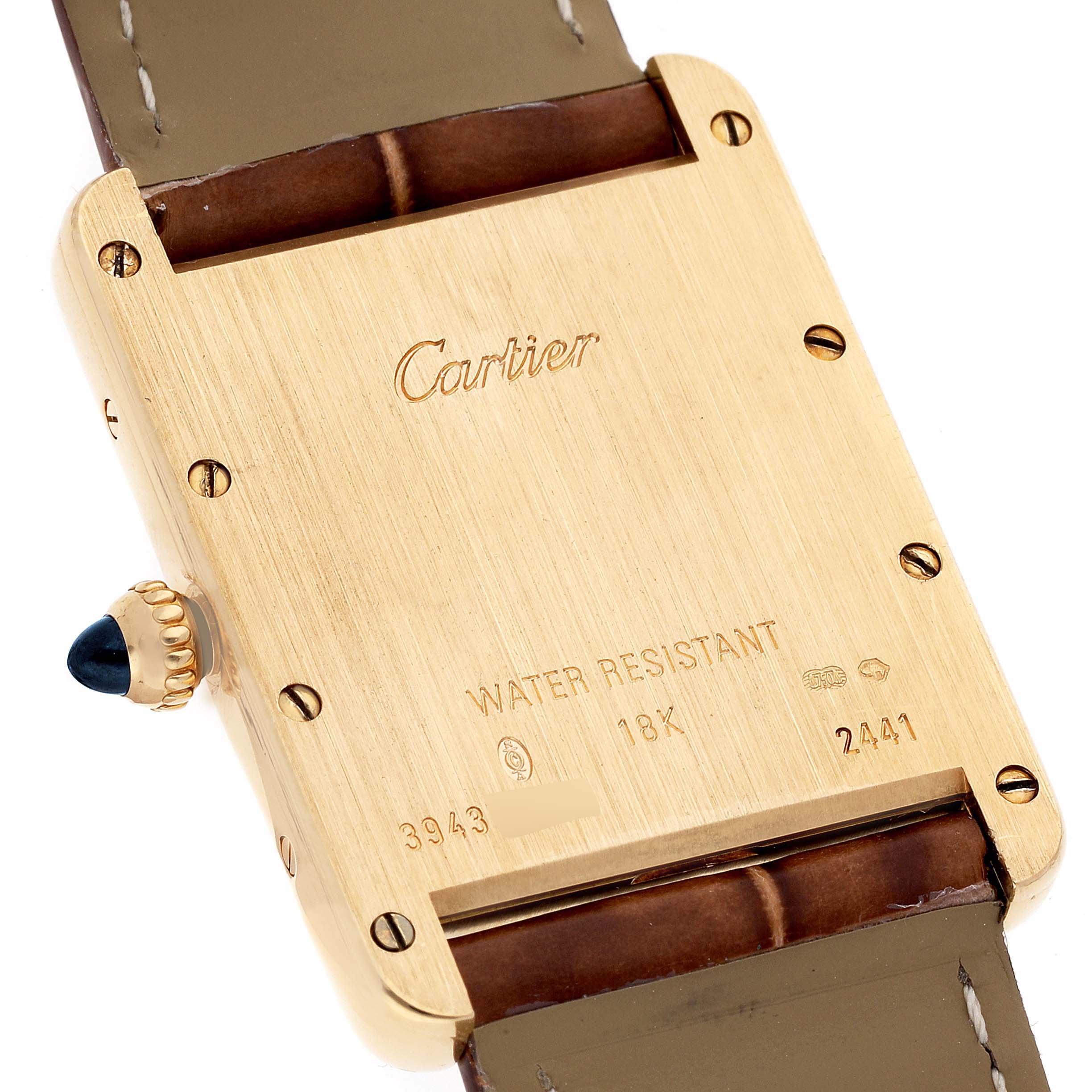 The image shows the back view of a Cartier Tank Louis W1529756 Men's Yellow Gold Silver Dial W1529756 Men's Yellow Gold Silver Dial watch, highlighting the case back, leather strap, and crown.