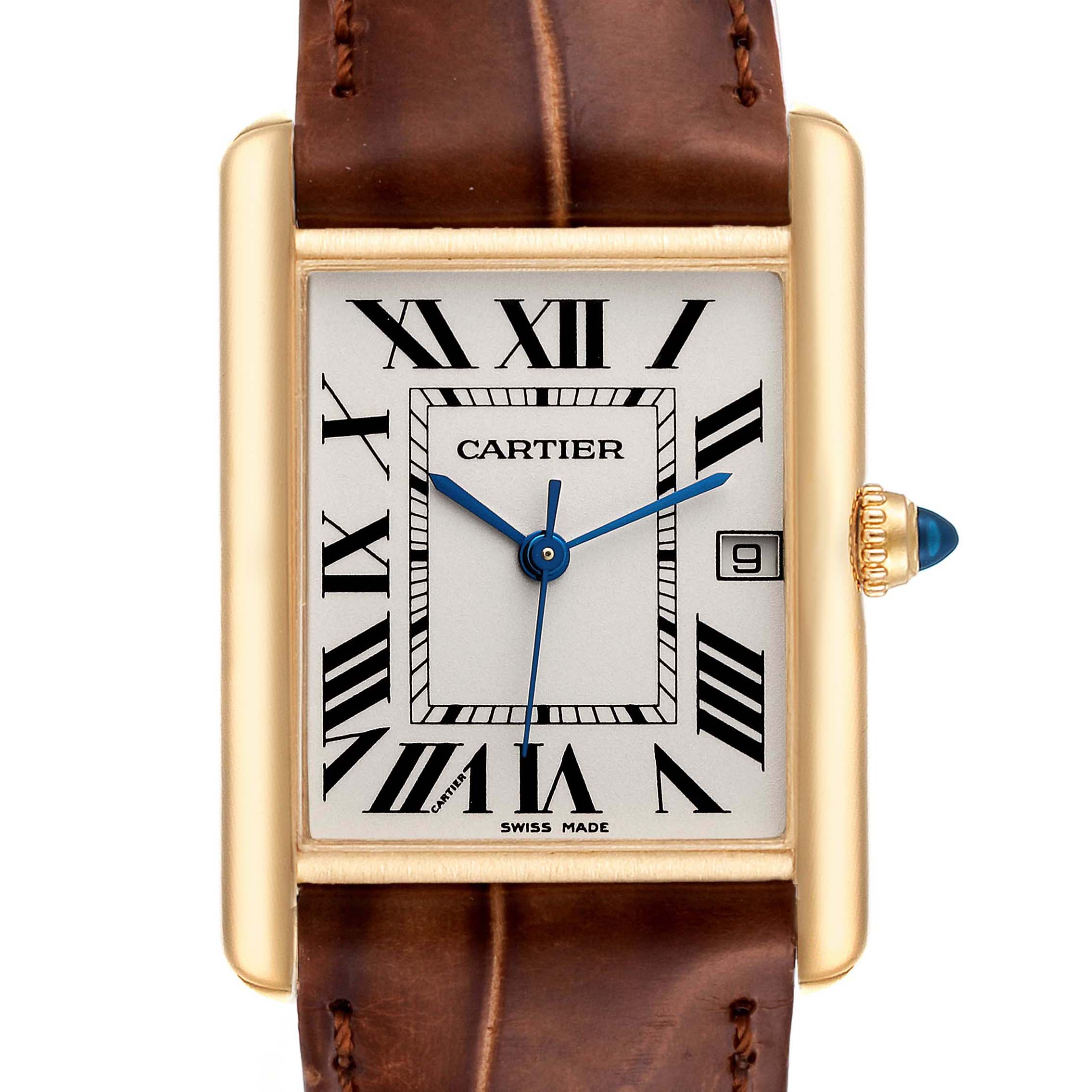The image shows a close-up front view of the Cartier Tank Louis W1529756 Men's Yellow Gold Silver Dial W1529756 Men's Yellow Gold Silver Dial watch, featuring its face, leather strap, and crown.
