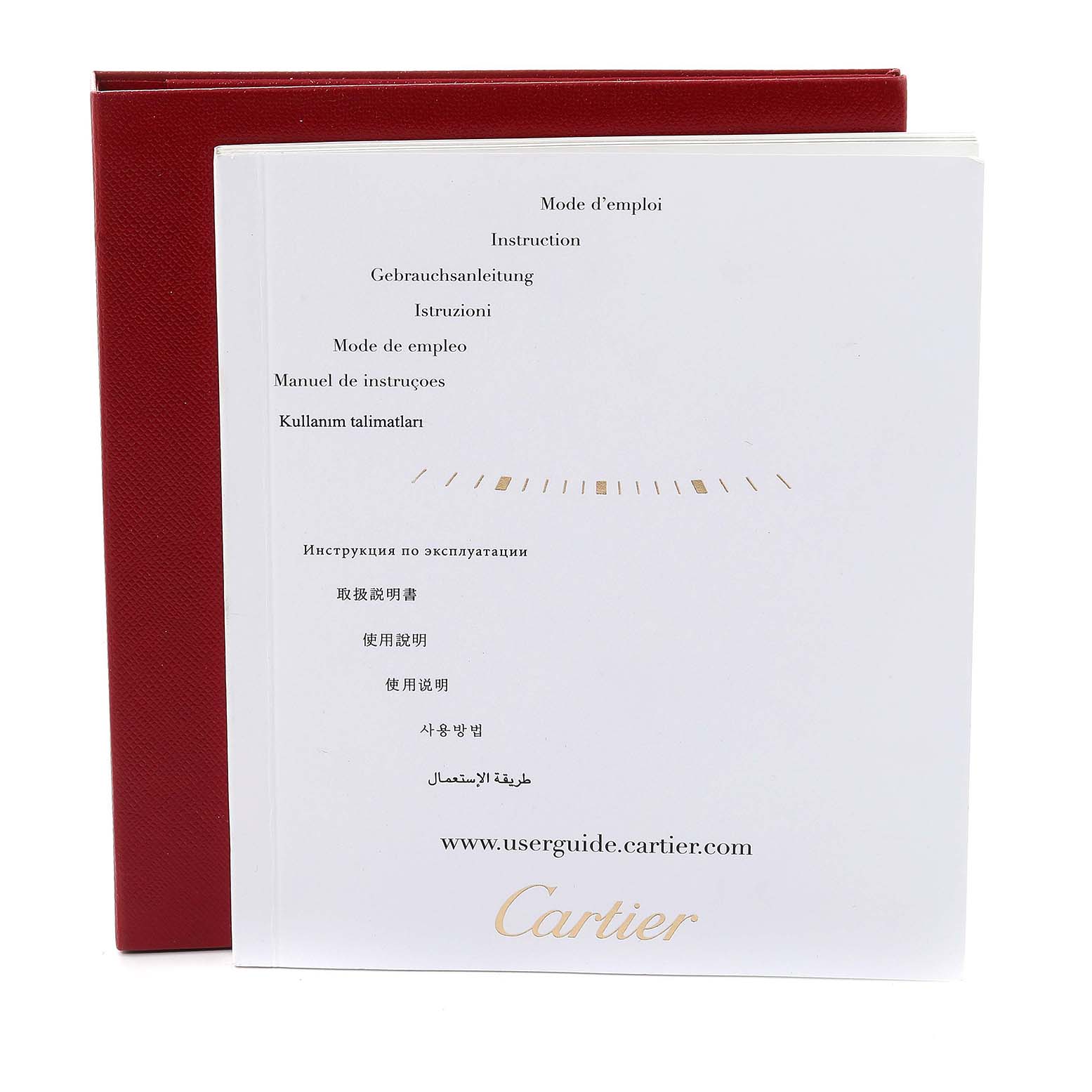 The image shows the user manual and packaging for the Tank Louis model by Cartier.