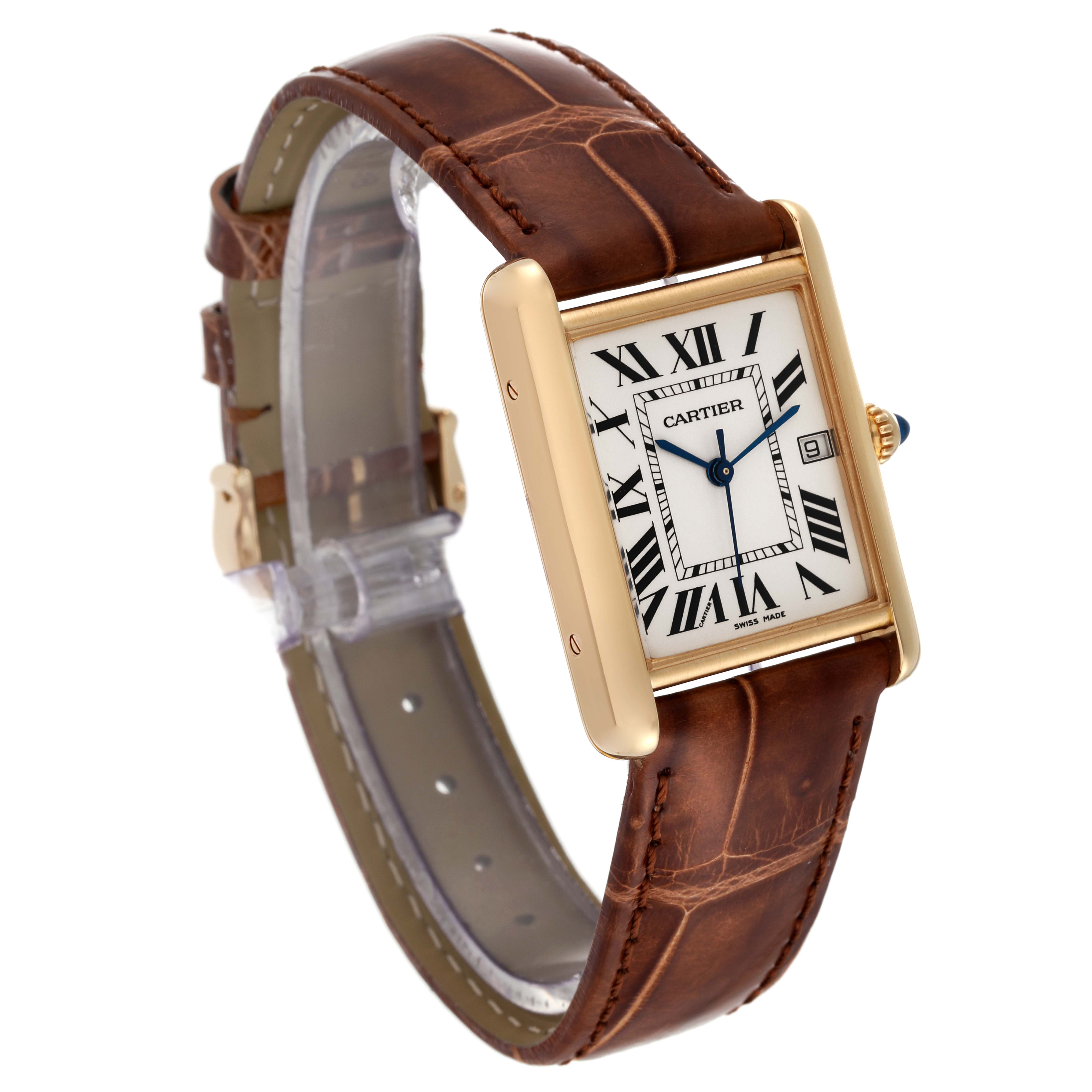 This image shows a Cartier Tank Louis W1529756 Men's Yellow Gold Silver Dial W1529756 Men's Yellow Gold Silver Dial watch at a slight side angle, highlighting its gold rectangular case and brown leather strap.