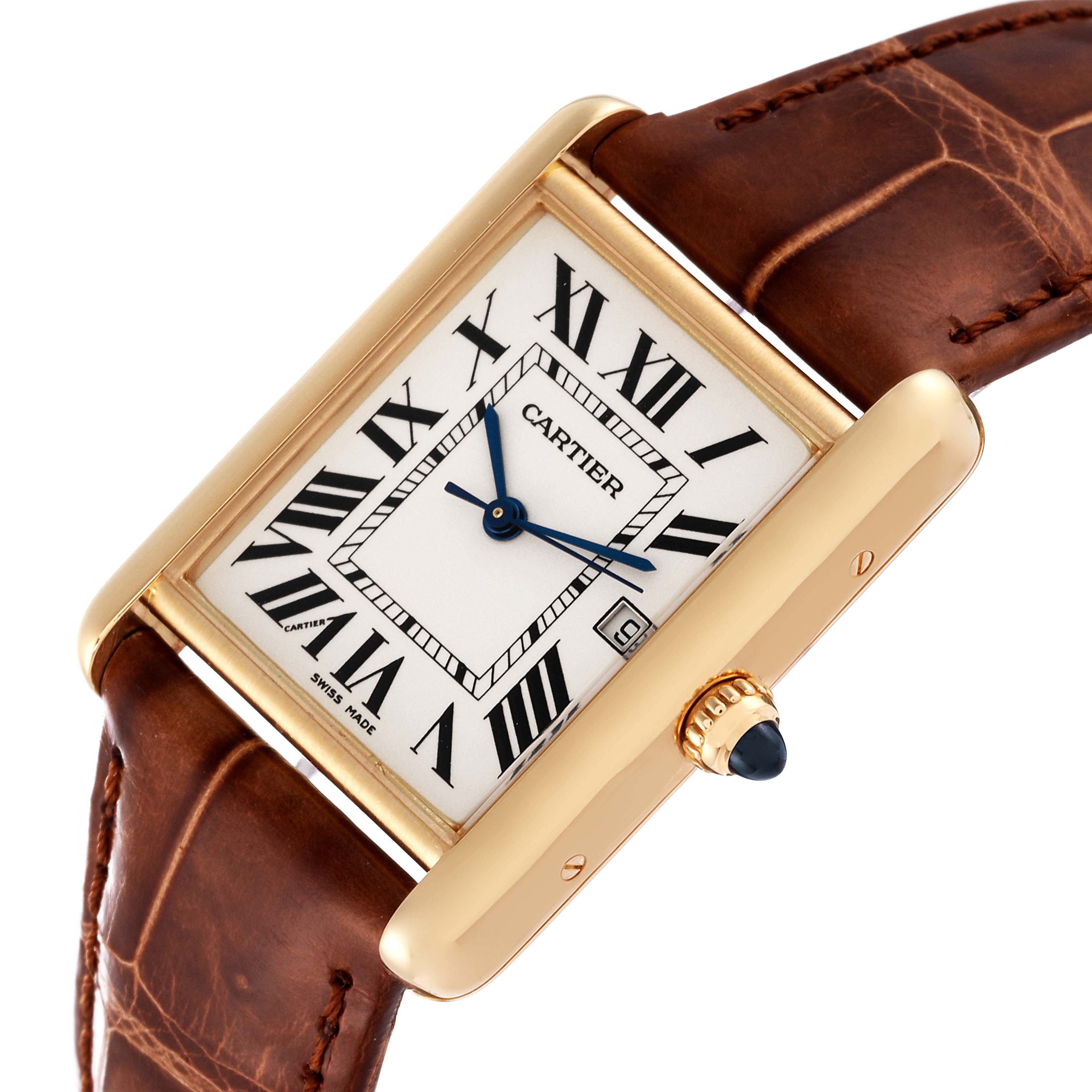 The Cartier Tank Louis W1529756 Men's Yellow Gold Silver Dial W1529756 Men's Yellow Gold Silver Dial watch is shown at an angled view with a focus on its face, Roman numeral markers, leather strap, and crown.