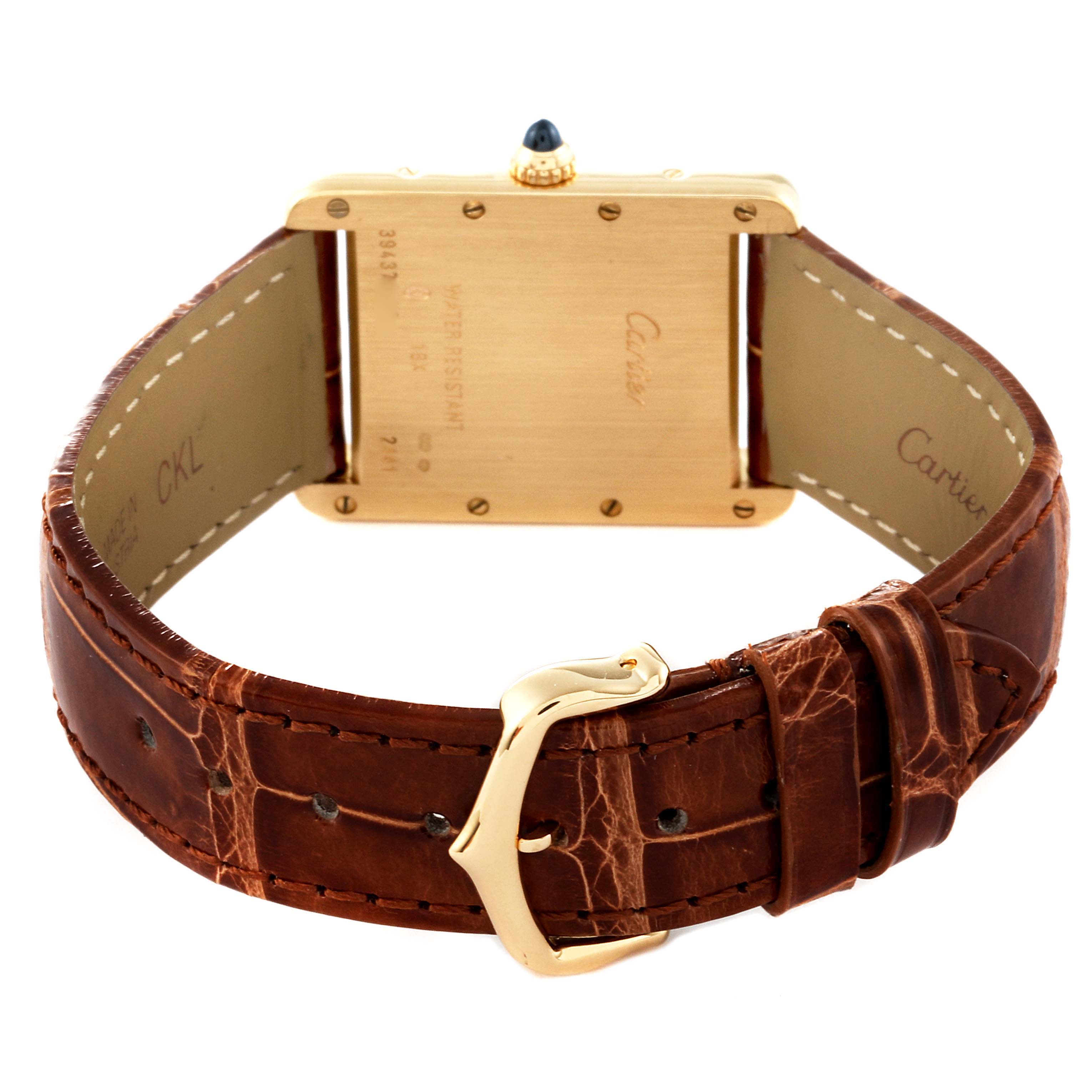 The image shows the back view of the Cartier Tank Louis W1529756 Men's Yellow Gold Silver Dial W1529756 Men's Yellow Gold Silver Dial watch, highlighting its gold case and brown leather strap with a gold buckle.