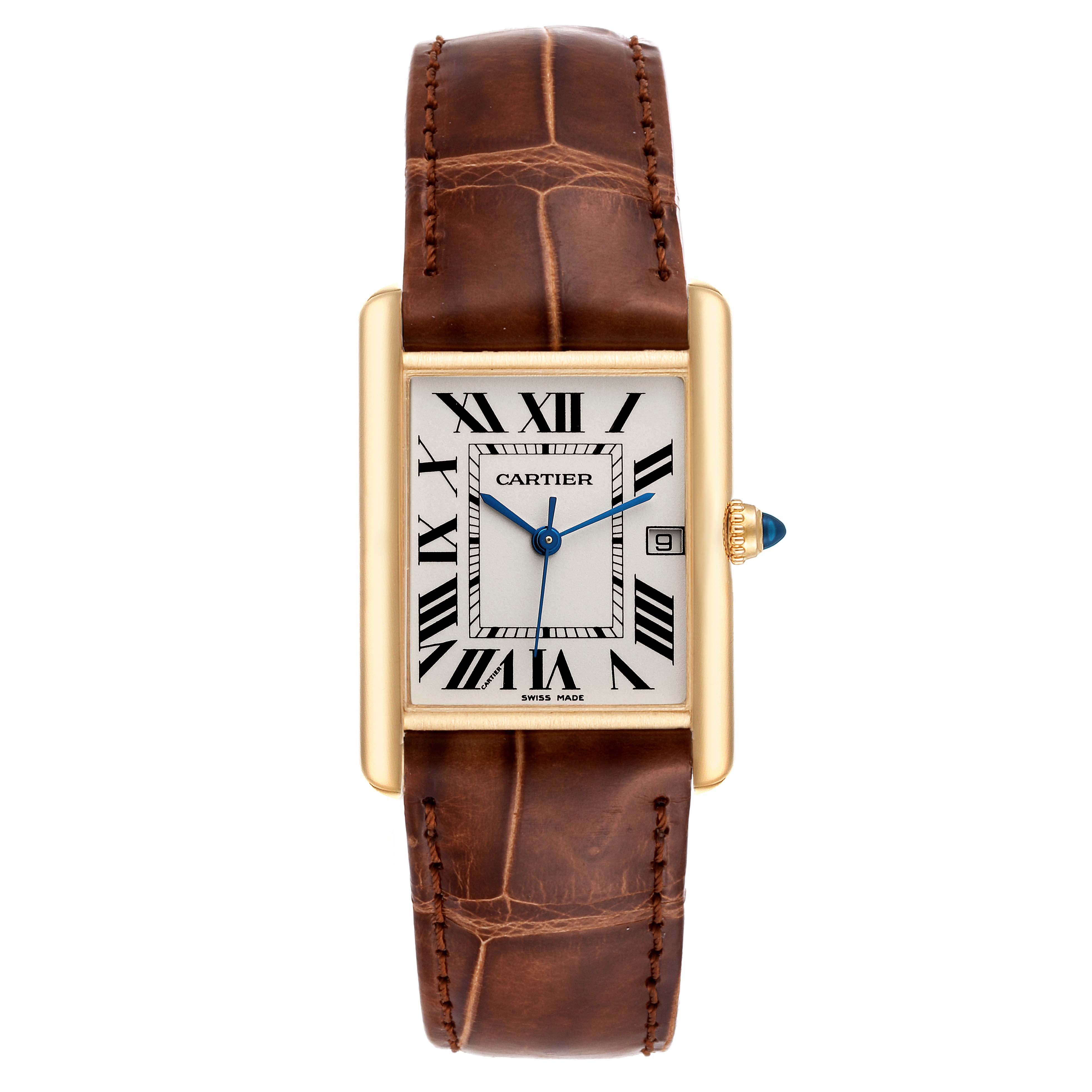 This image shows a front view of the Cartier Tank Louis W1529756 Men's Yellow Gold Silver Dial W1529756 Men's Yellow Gold Silver Dial watch, highlighting its rectangular dial and brown leather strap.
