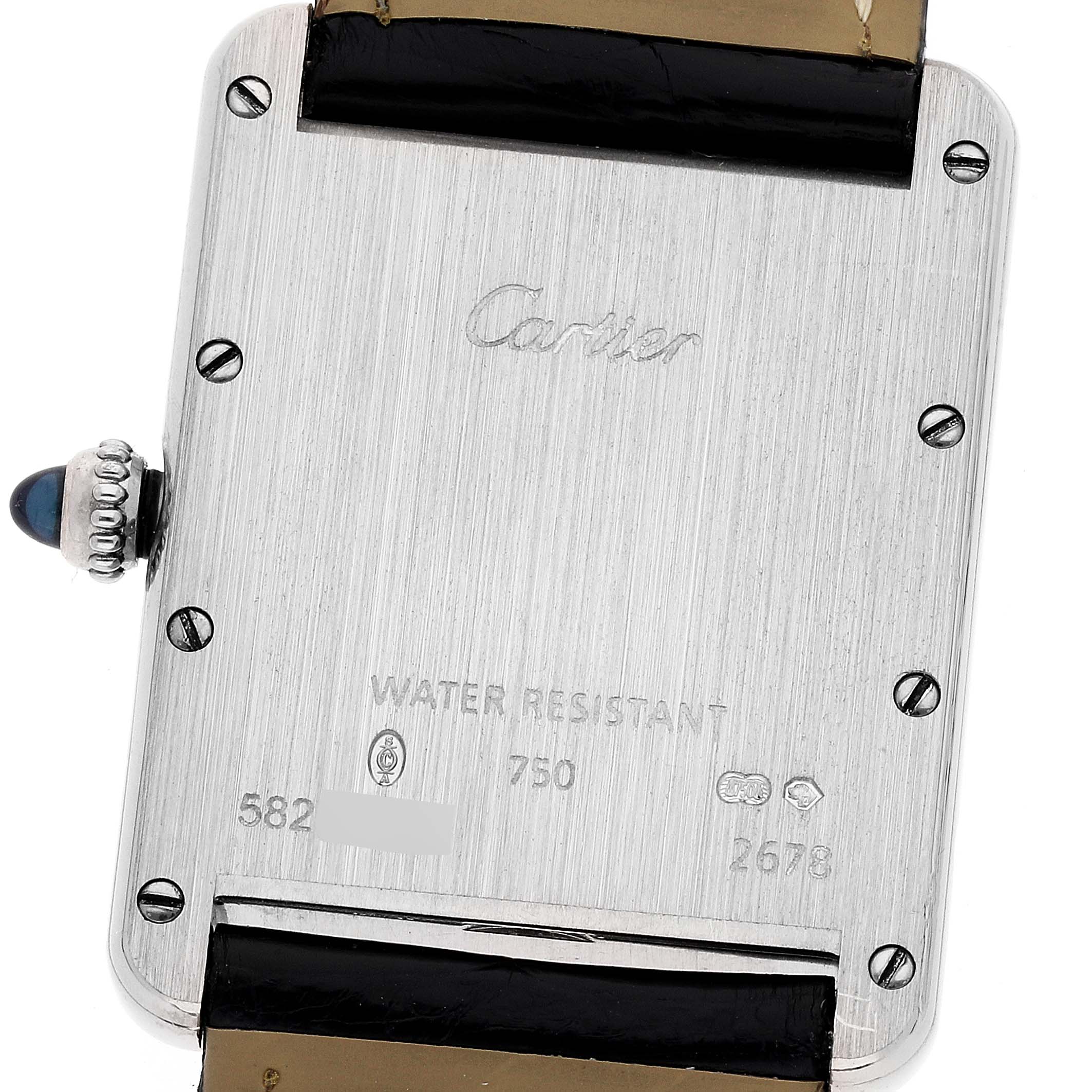 This image shows the back case and strap attachments of the Cartier Tank Louis W1540956 Men
s White Gold Silver Dial W1540956 Men
s White Gold Silver Dial watch.