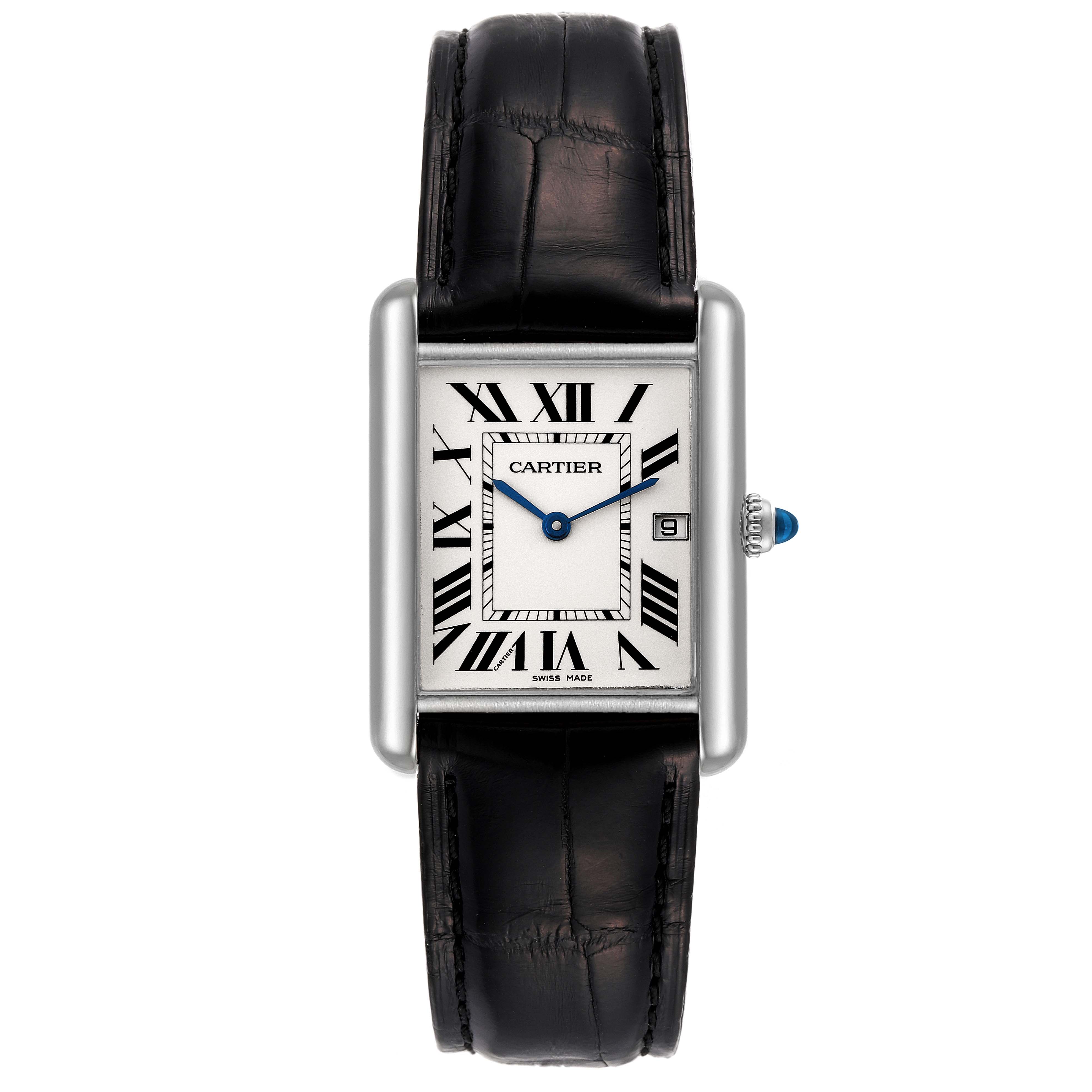 The Tank Louis model by Cartier is shown from the front, displaying its face, Roman numeral markers, and black leather strap.