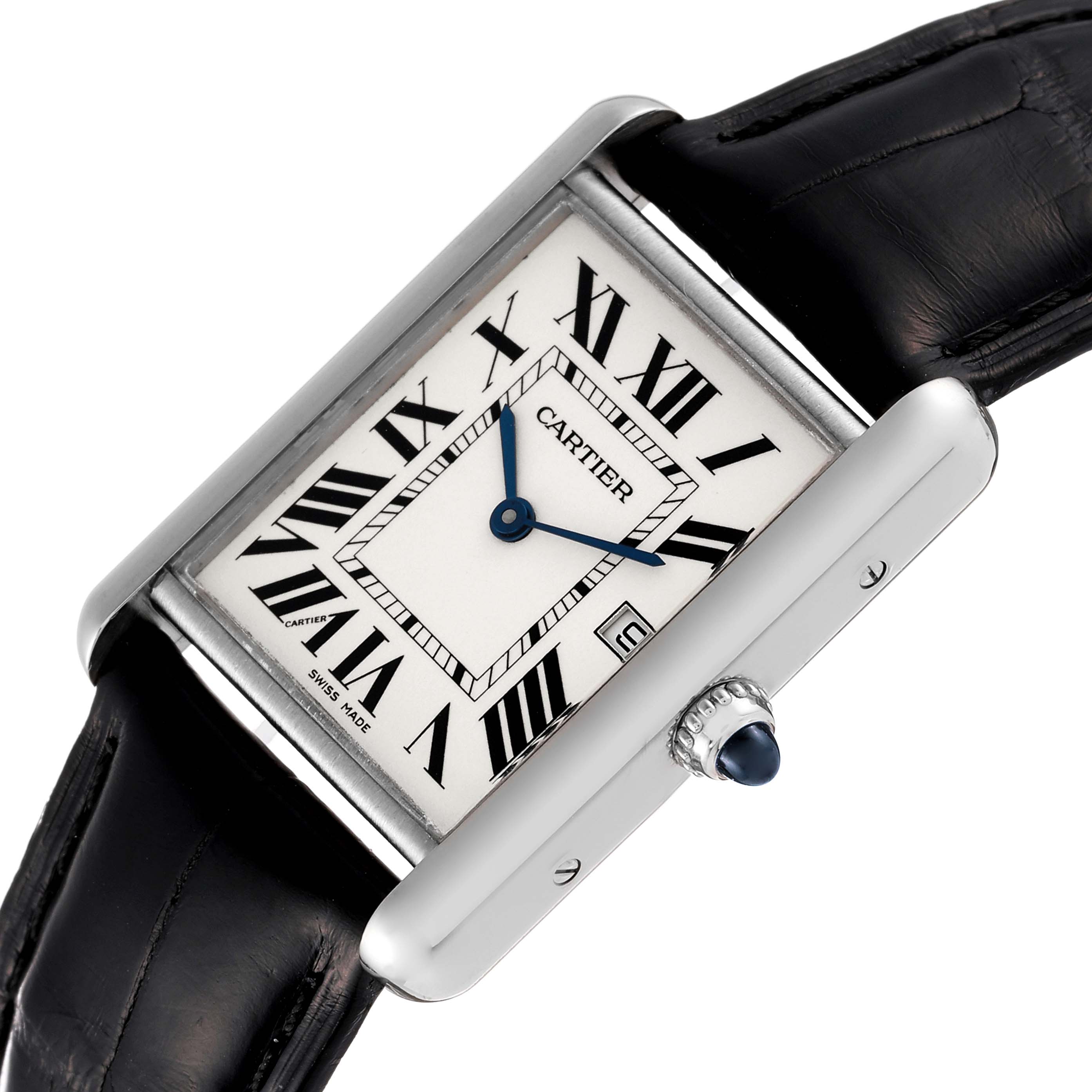 The image shows a Cartier Tank Louis W1540956 Men
s White Gold Silver Dial W1540956 Men
s White Gold Silver Dial watch at a slight angle, highlighting the face, Roman numerals, hands, and crown with a cabochon.
