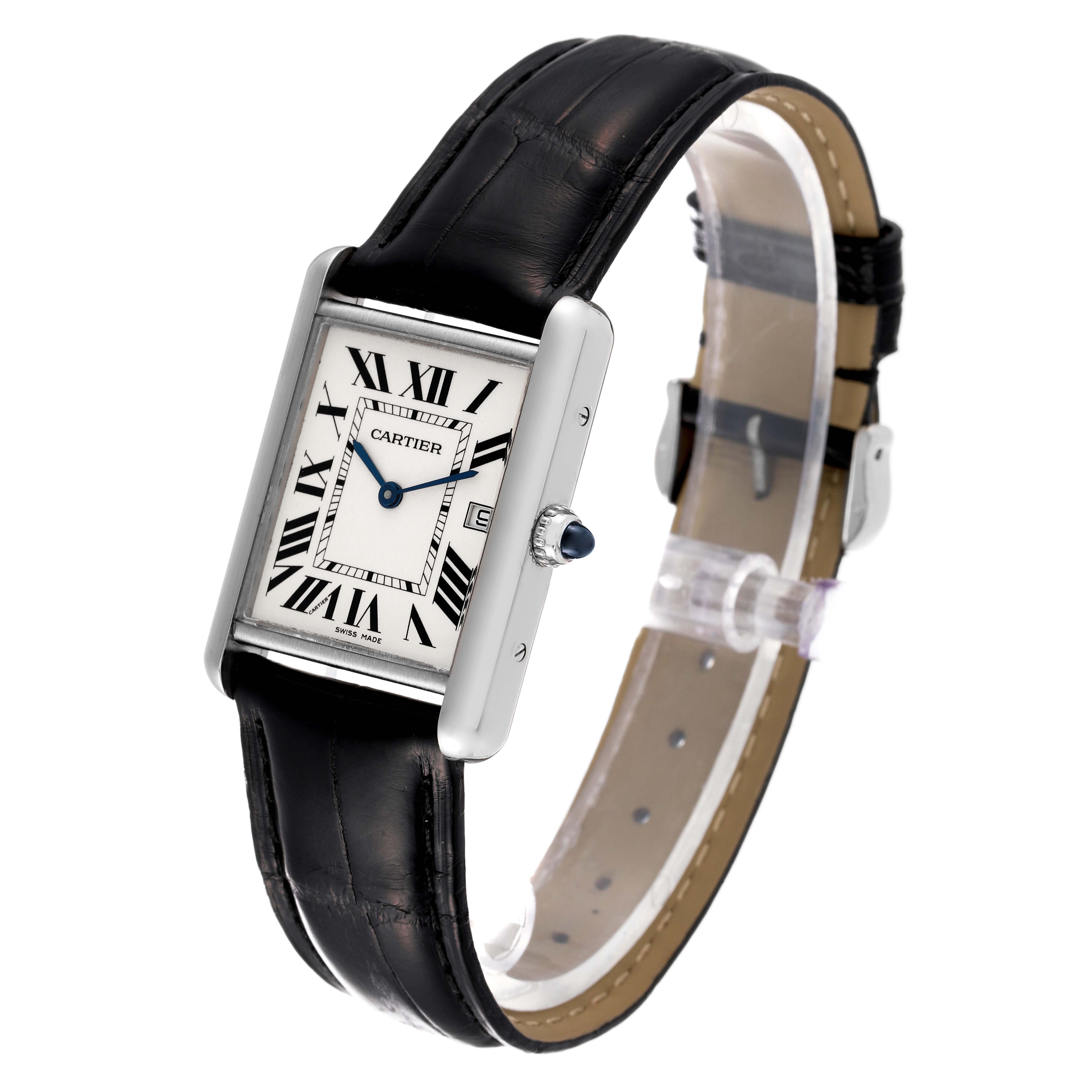 The image shows a Cartier Tank Louis W1540956 Men
s White Gold Silver Dial W1540956 Men
s White Gold Silver Dial watch at a three-quarter angle, highlighting the face, bezel, crown, and leather strap.
