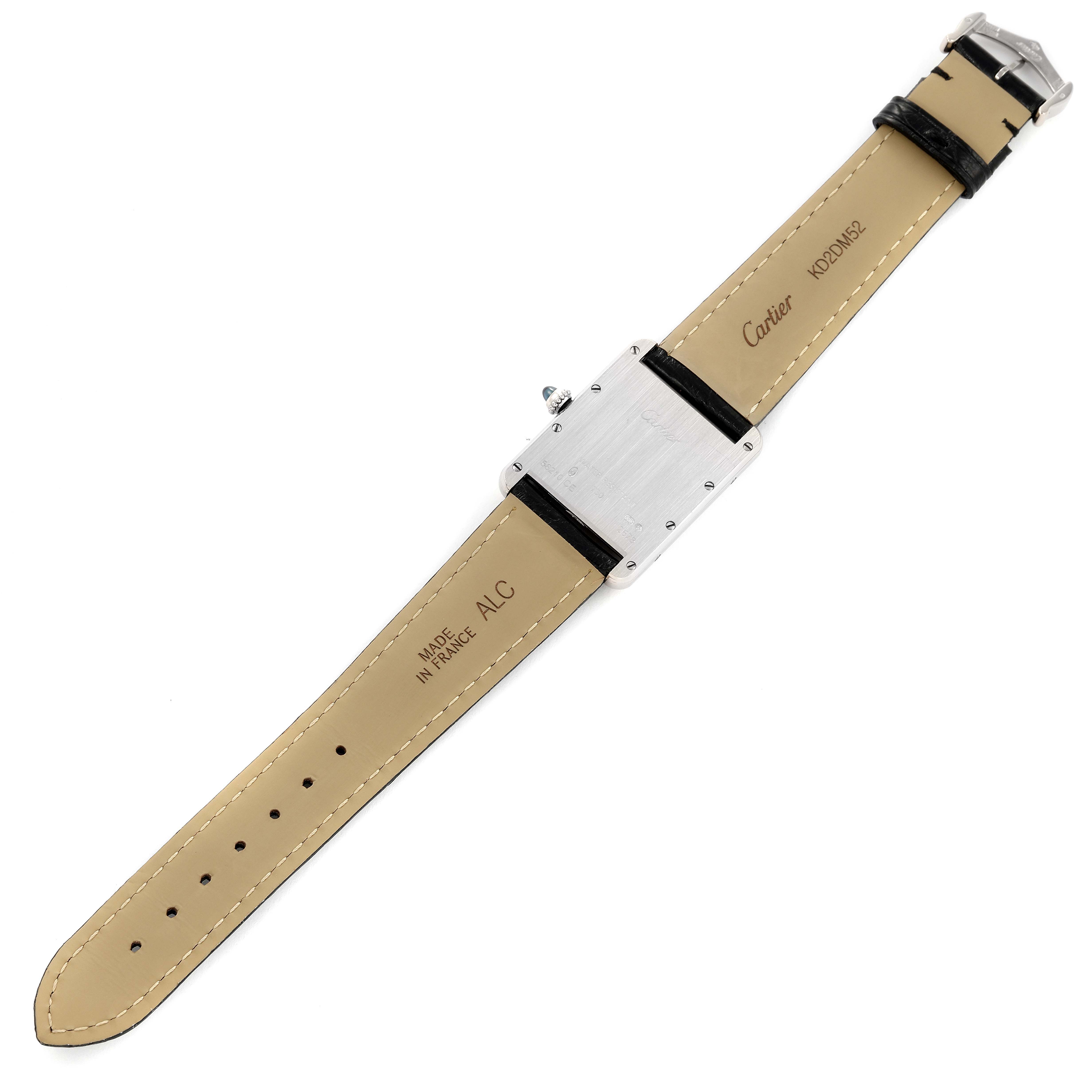 The image shows the back side of a Cartier Tank Louis W1540956 Men
s White Gold Silver Dial W1540956 Men
s White Gold Silver Dial watch lying flat, displaying the watch case, leather strap, and buckle.