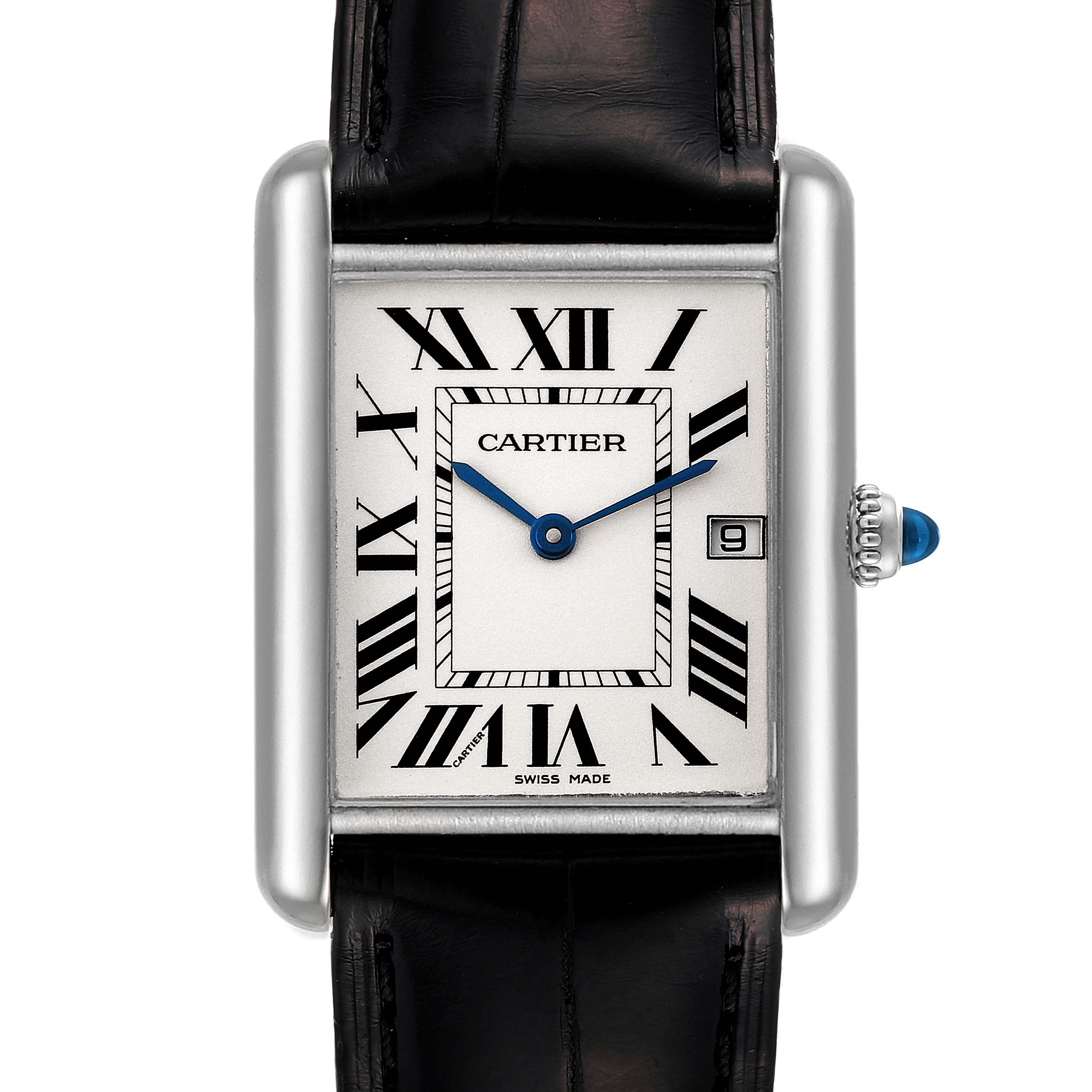 The Cartier Tank Louis W1540956 Men
s White Gold Silver Dial W1540956 Men
s White Gold Silver Dial watch is shown from a front angle, highlighting its rectangular face, Roman numerals, leather strap, and blue cabochon crown.