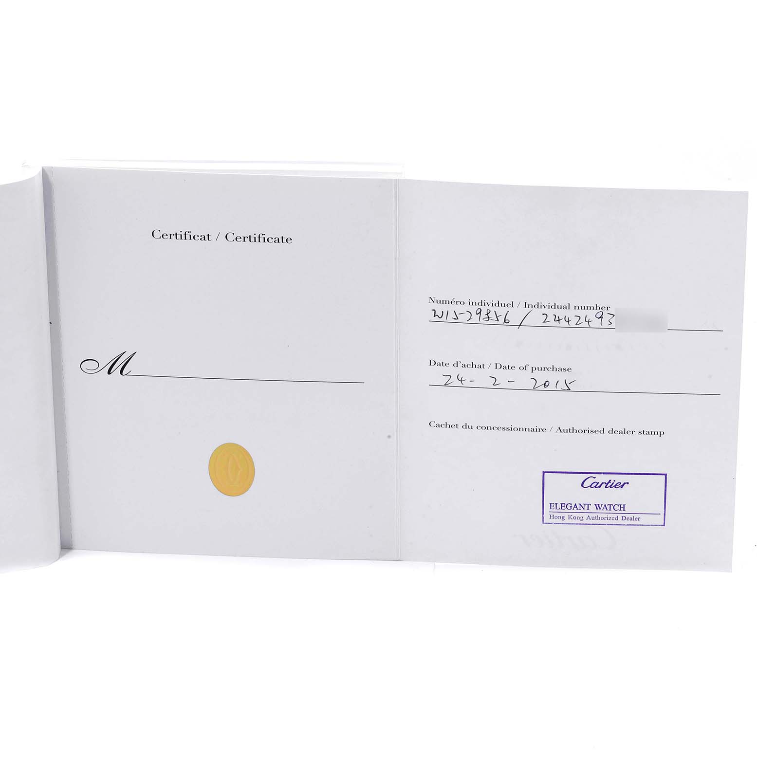 The image shows the certificate booklet for a Tank Louis model by Cartier, with purchase date and dealer stamp displayed.