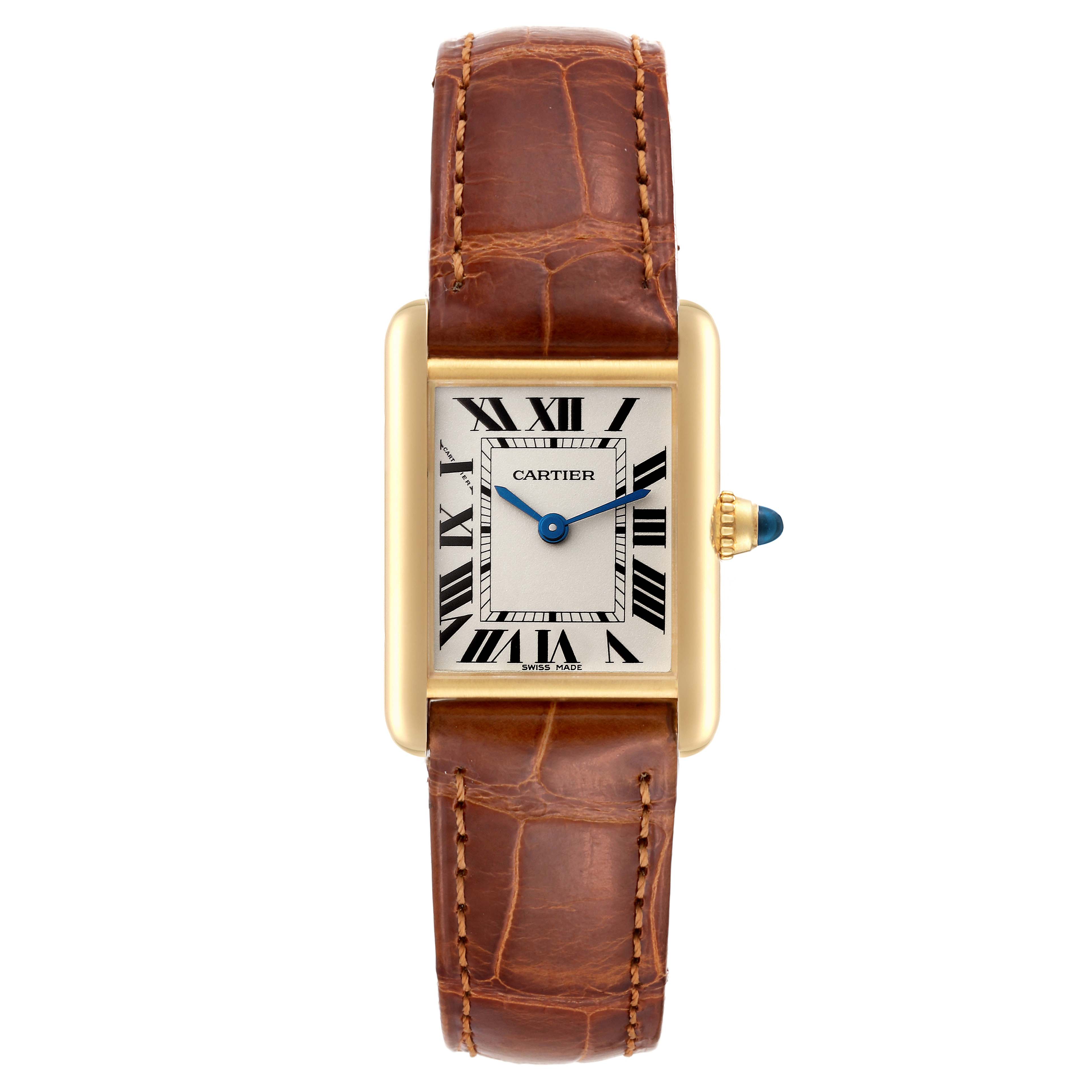 The image shows a Cartier Tank Louis W1529856 Women's Yellow Gold Silver Dial W1529856 Women's Yellow Gold Silver Dial watch with a brown leather strap and gold rectangular case viewed from the front.